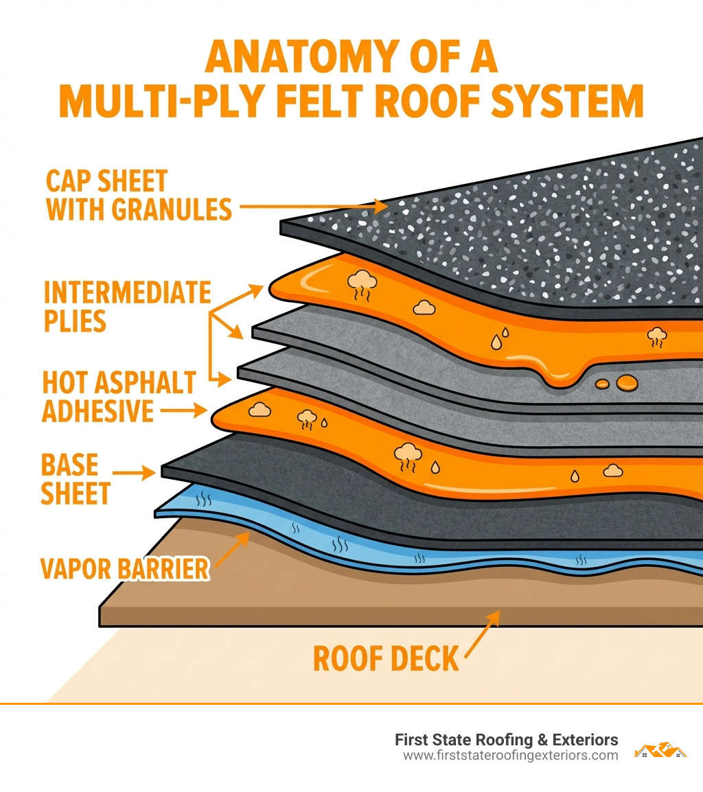 Detailed infographic showing the anatomy of a multi-ply felt roof system with labeled layers including deck, vapor barrier, base sheet, intermediate plies, cap sheet with granules, and hot asphalt adhesive between each layer - felt roofer near me infographic 