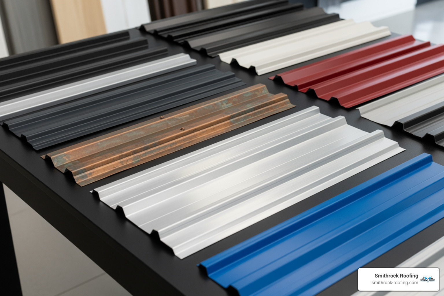 various metal panel samples in different colors and finishes - snap lock standing seam metal roof cost