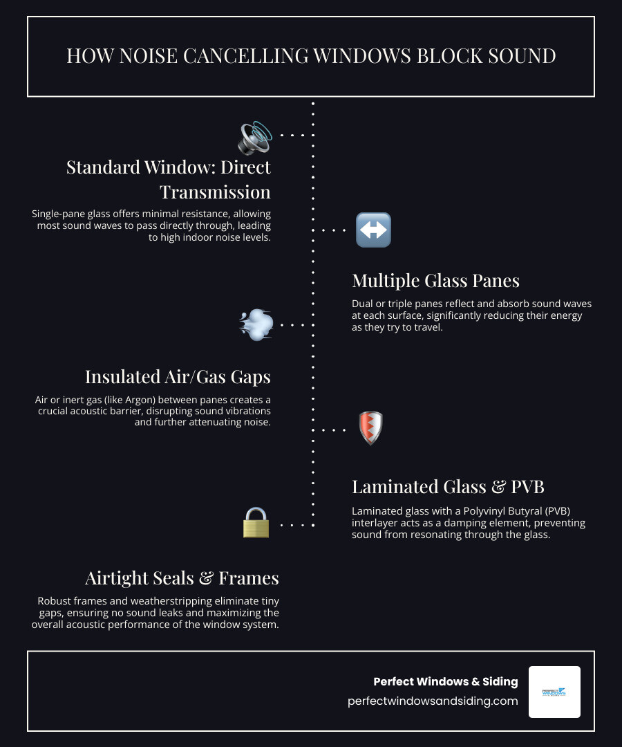 Detailed infographic showing how sound waves travel through a standard single-pane window versus a triple-pane noise-cancelling window, with labels for sound wave frequency, glass layers, air gaps, laminated glass with PVB interlayer, insulating gas fills, and airtight seals, demonstrating the reduction in decibels from outside to inside - Noise cancelling windows infographic infographic-line-5-steps-dark