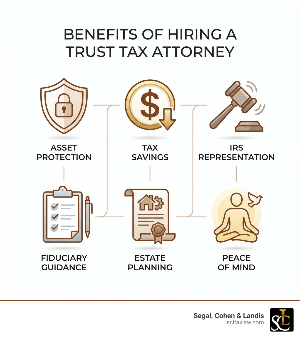 Infographic showing the benefits of hiring a trust tax attorney: Asset Protection shield, Tax Savings dollar sign, IRS Representation gavel, Fiduciary Guidance checklist, Estate Planning document, and Peace of Mind icon - dallas trust firm tax attorney infographic 