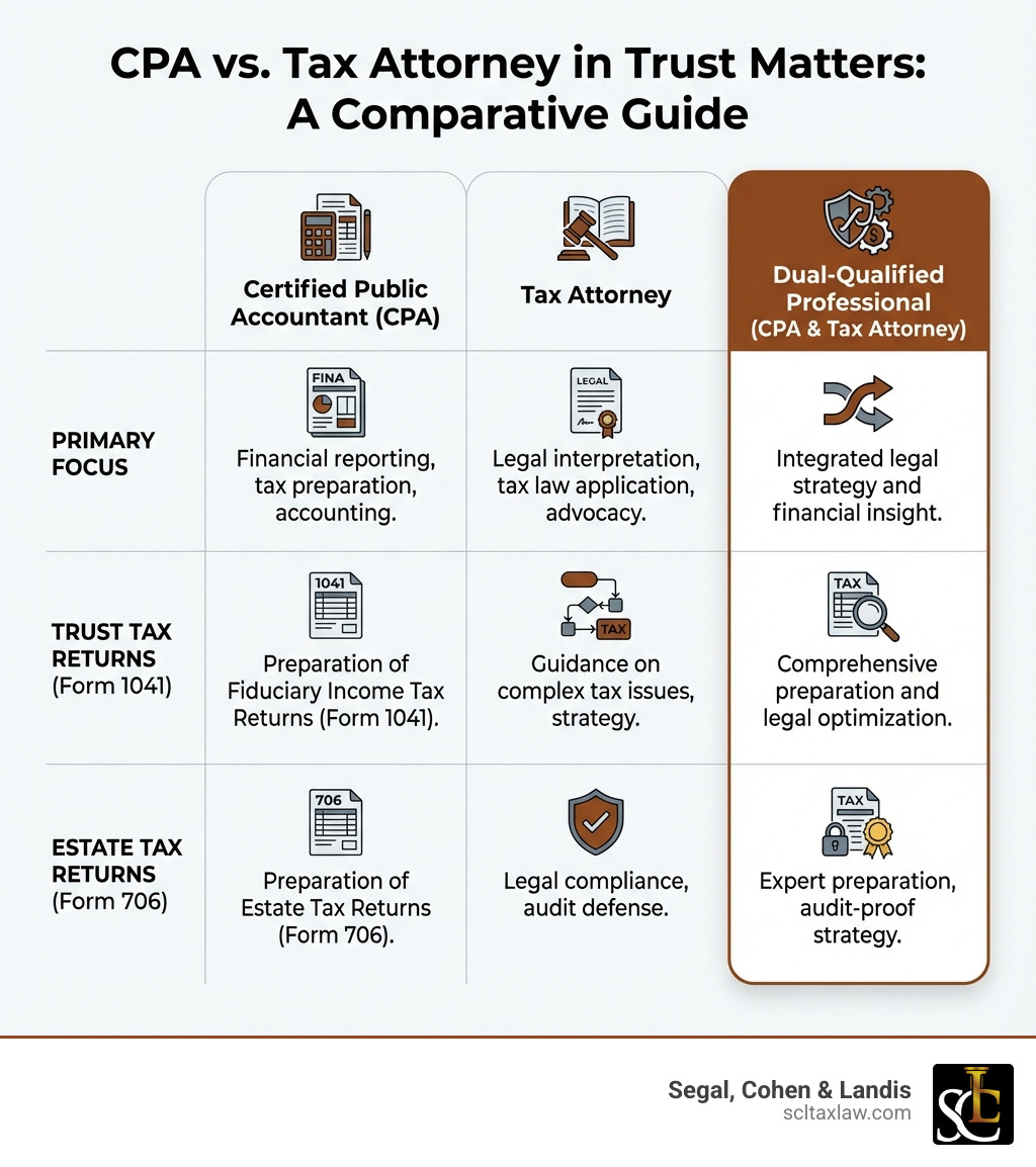 Table comparing the roles of a CPA and a Tax Attorney in trust matters - dallas trust firm tax attorney infographic 