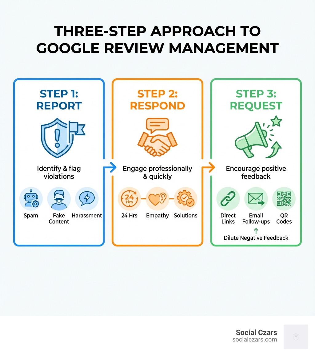 Infographic showing the three-step approach to Google review management: Step 1 - Report reviews that violate Google's policies (spam, fake content, harassment). Step 2 - Respond professionally to legitimate negative reviews within 24 hours with empathy and solutions. Step 3 - Request positive reviews from satisfied customers through direct links, email follow-ups, and QR codes to dilute negative feedback. - how to turn off google review infographic 