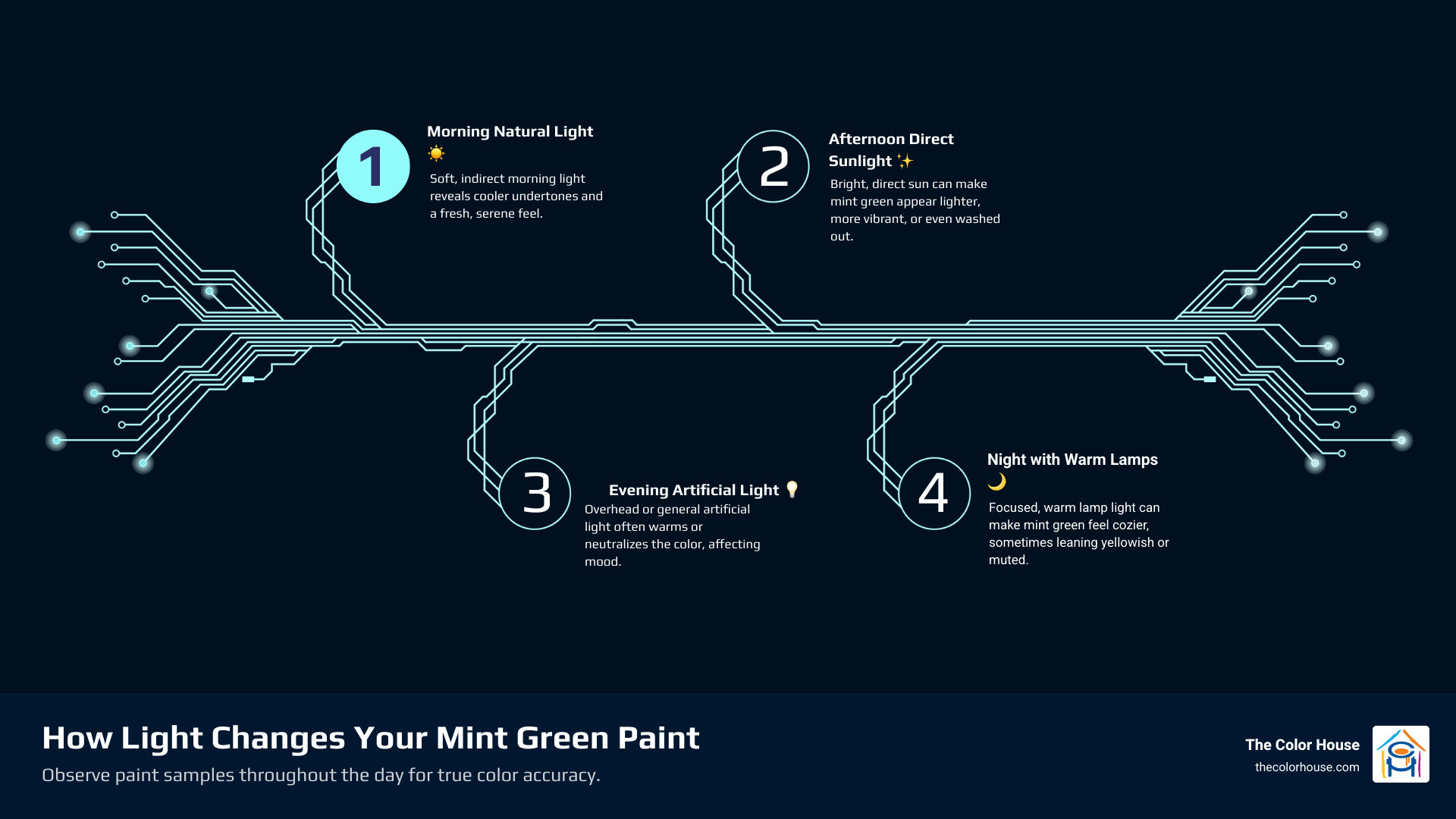 Infographic showing how mint green paint samples appear different in morning natural light, afternoon direct sunlight, evening artificial light, and night with warm lamps, demonstrating the importance of testing paint colors throughout the day in your actual room - mint green paint samples infographic infographic-4-steps-tech