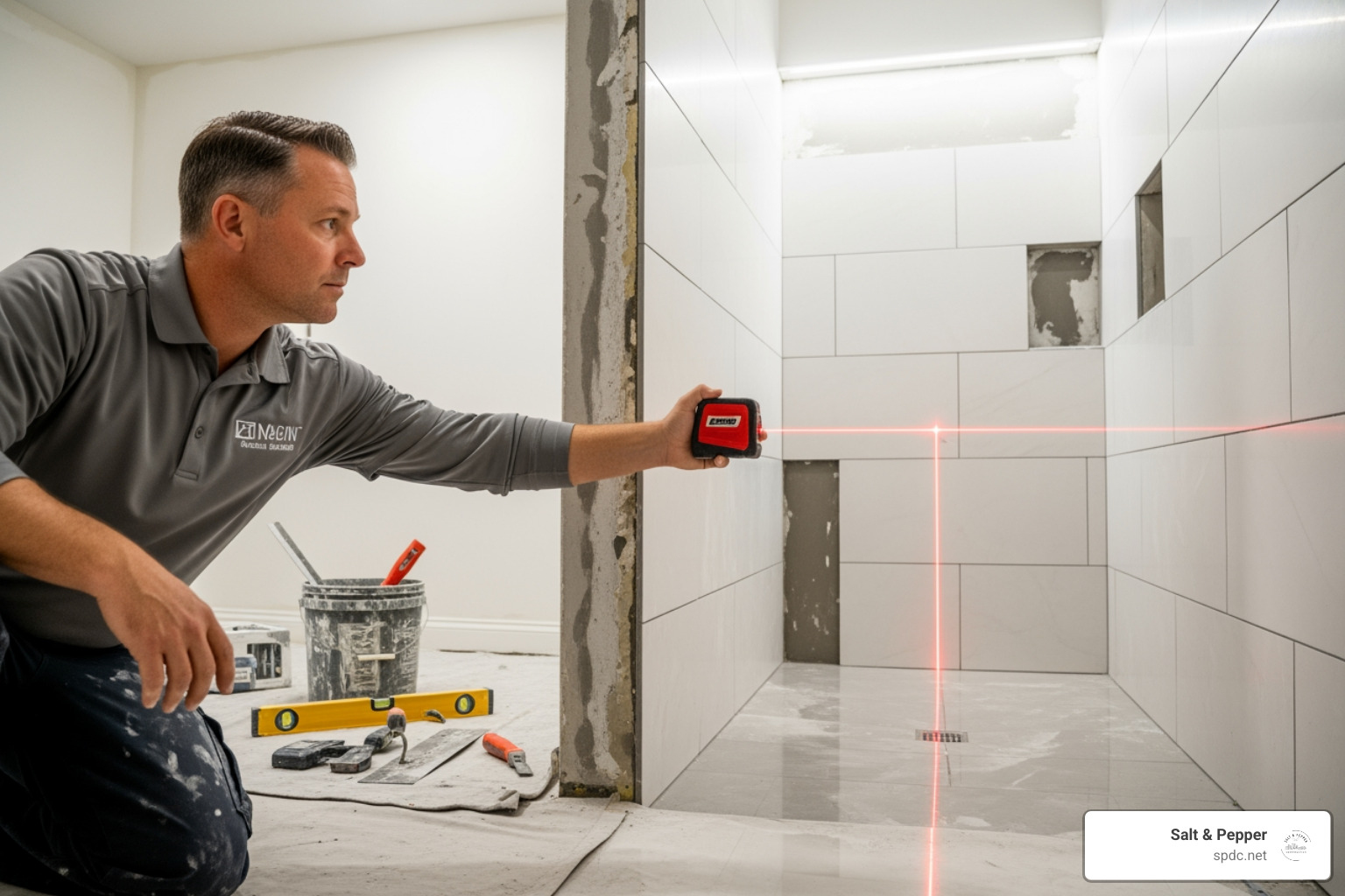 A contractor measuring a shower space with a laser measure - Shower installation Tampa