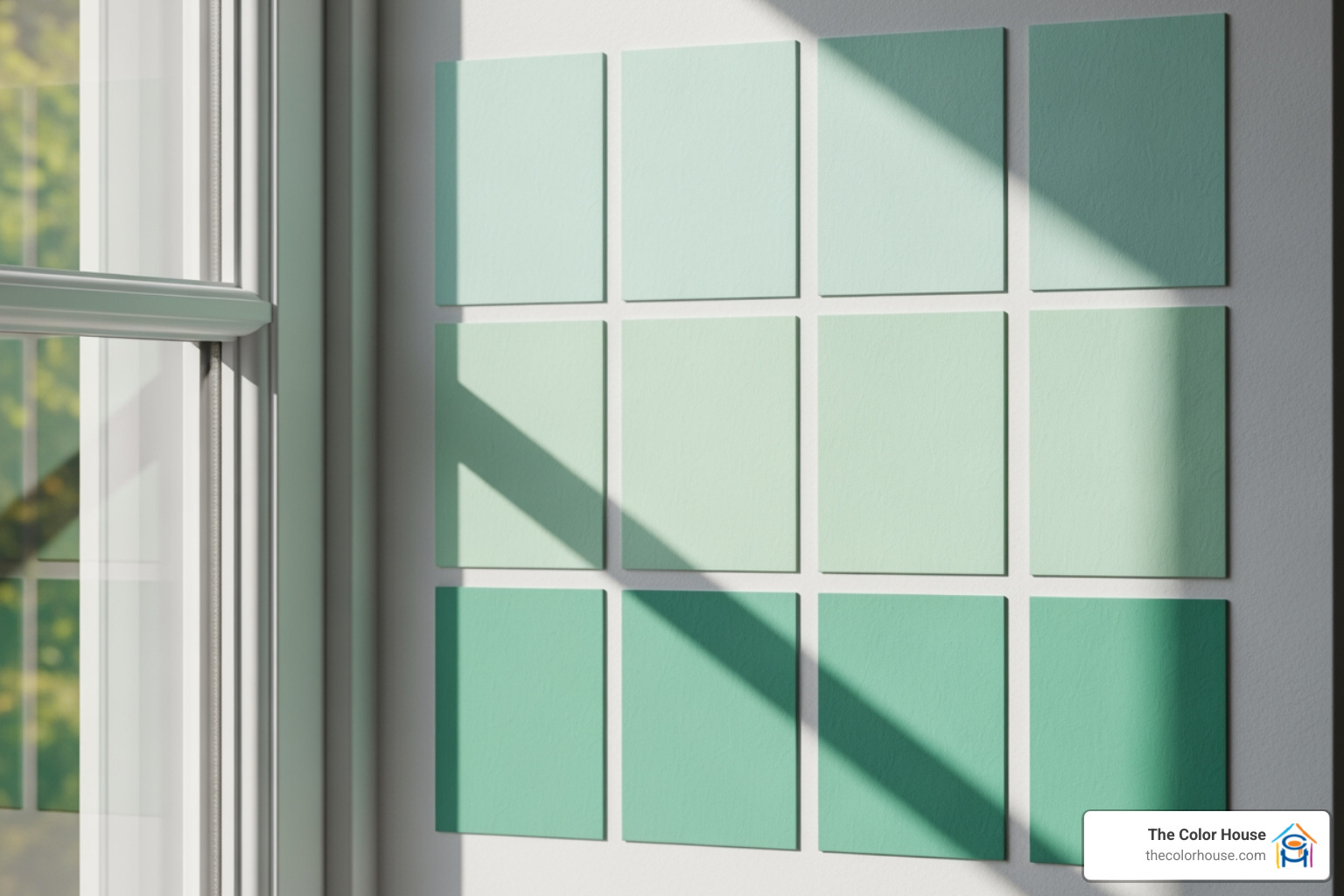 multiple paint samples on a wall next to a window - mint green paint samples