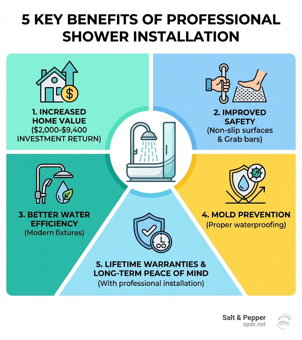 Infographic showing 5 key benefits of professional shower installation: 1. Increased home value ($2,000-$9,400 investment return), 2. Improved safety with non-slip surfaces and grab bars, 3. Better water efficiency with modern fixtures, 4. Mold prevention through proper waterproofing, 5. Lifetime warranties and long-term peace of mind with professional installation - Shower installation Tampa infographic 