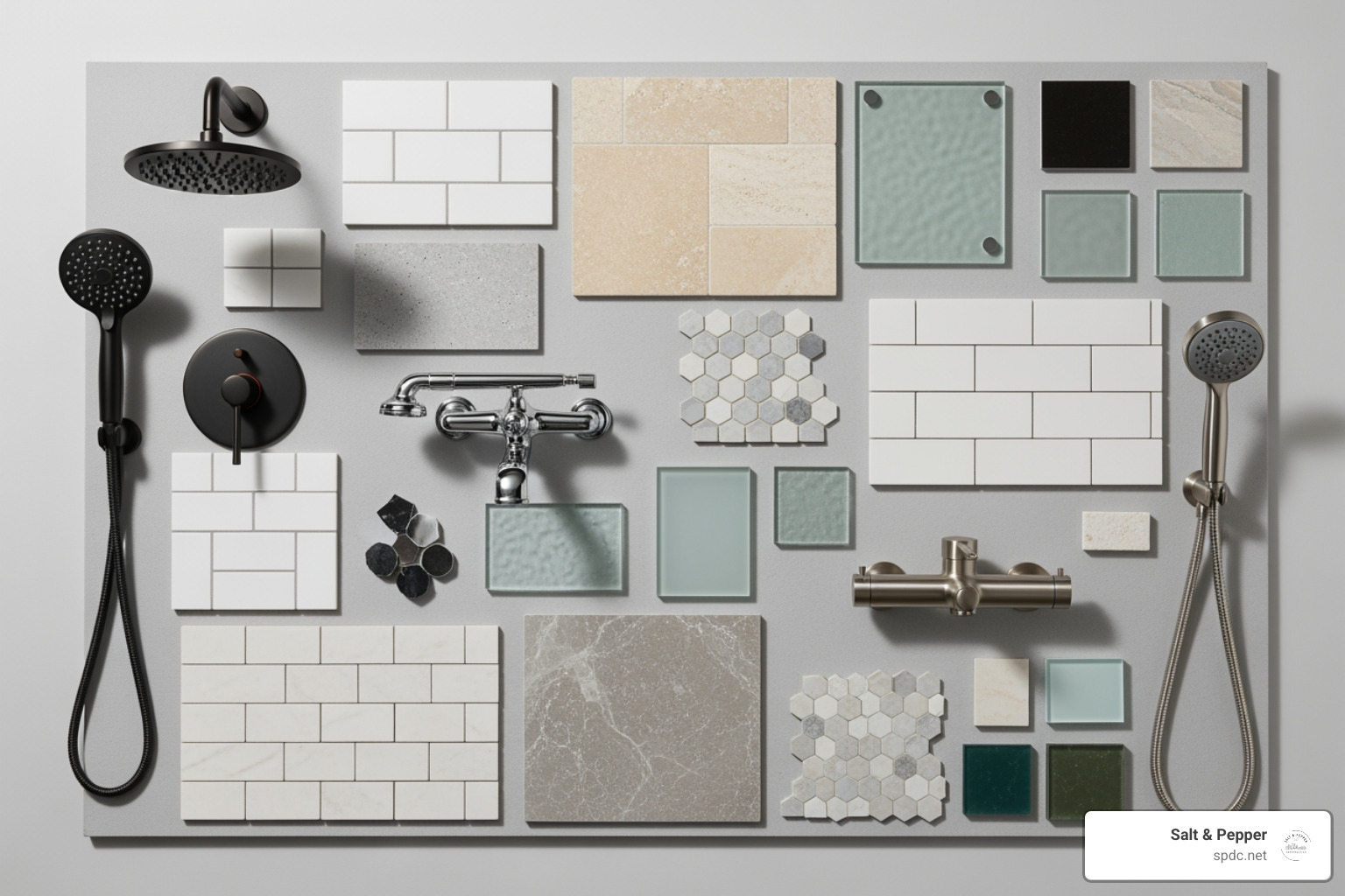 A mood board with different shower tiles, fixtures, and glass samples - Shower installation Tampa