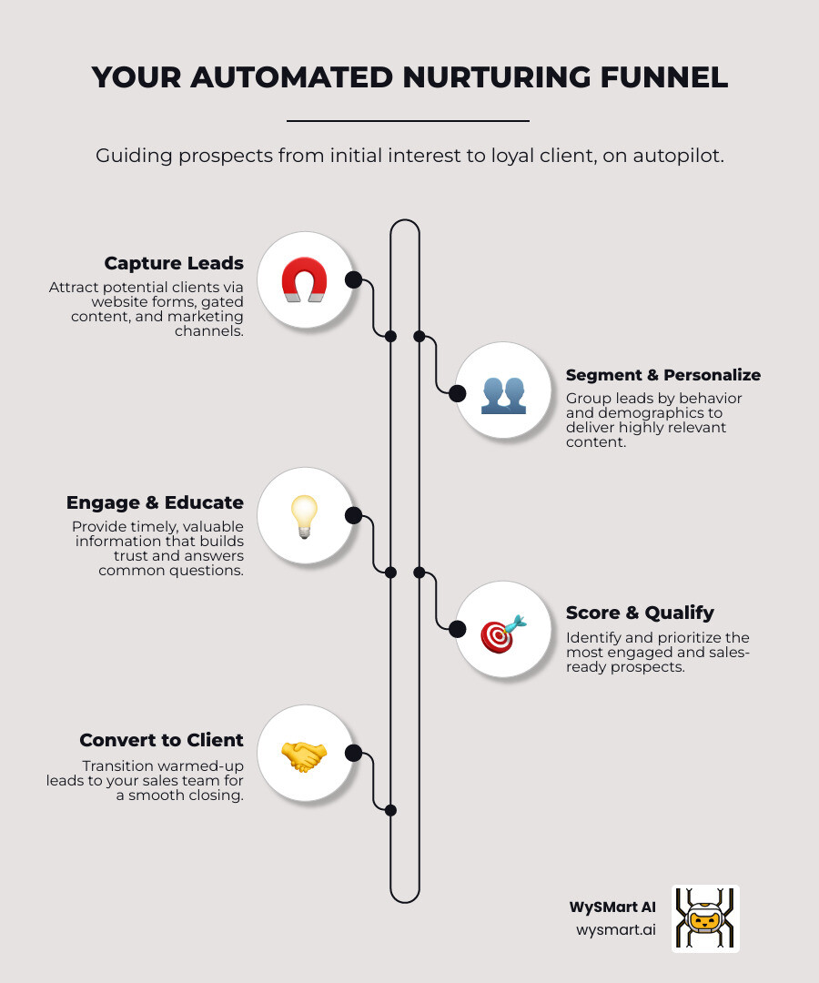 Infographic showing the automated lead nurturing funnel: Anonymous visitor → Lead capture → Segmentation → Personalized content delivery → Lead scoring → Sales-ready conversion - automated lead nurturing system infographic infographic-line-5-steps-elegant_beige