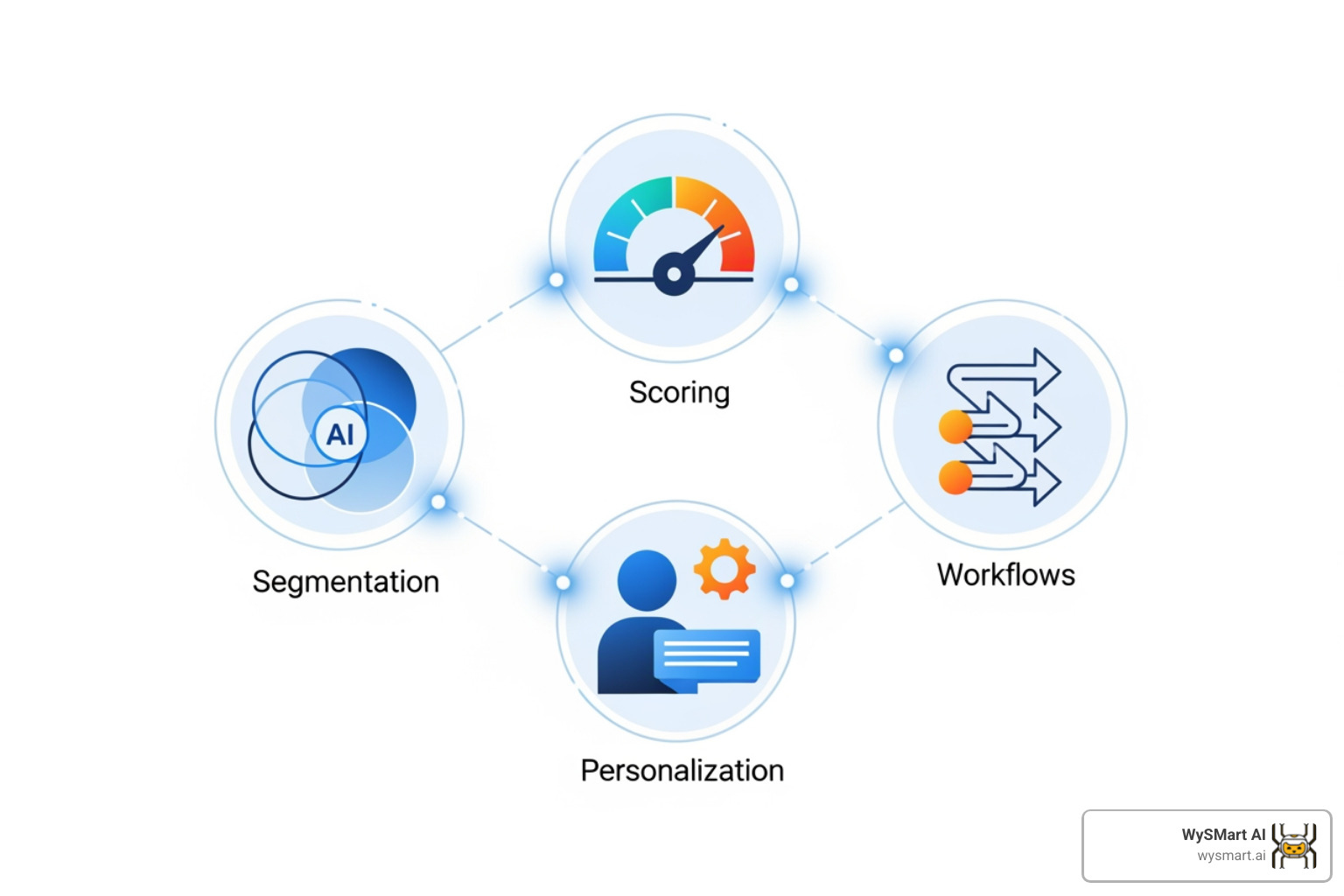 four interconnected icons representing Segmentation, Scoring, Personalization, and Workflows - automated lead nurturing system