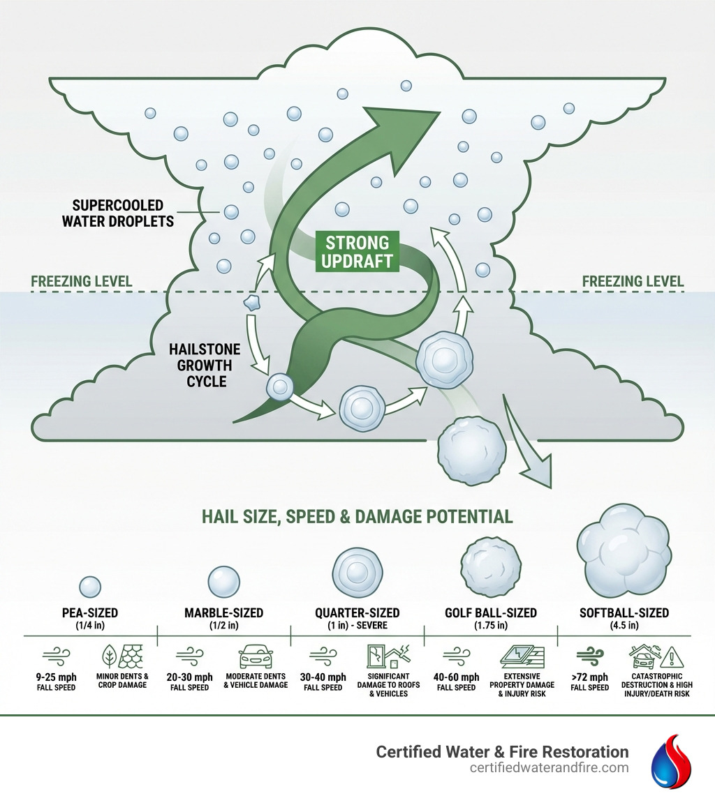 Infographic showing hail formation process inside a thunderstorm cloud, with labeled layers showing supercooled water droplets, updraft arrows, hailstone growth cycles, and size comparisons from pea-sized to softball-sized hail with corresponding wind speeds and damage potential - what is hail infographic 