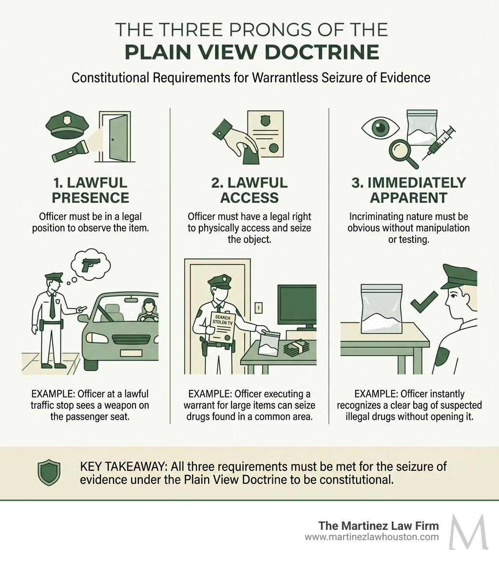 infographic showing the three prongs of plain view doctrine with examples of lawful presence, lawful access, and immediately apparent incriminating nature - plain view doctrine infographic 
