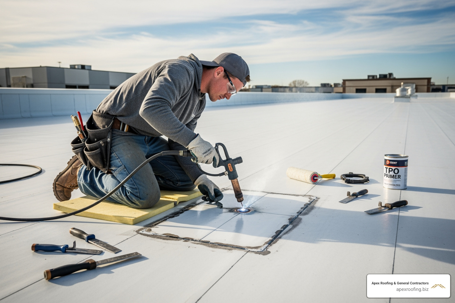 roofer heat-welding a patch on a TPO commercial roof - commercial roof repair roofer heat-welding a patch on a TPO commercial roof - commercial roof repair