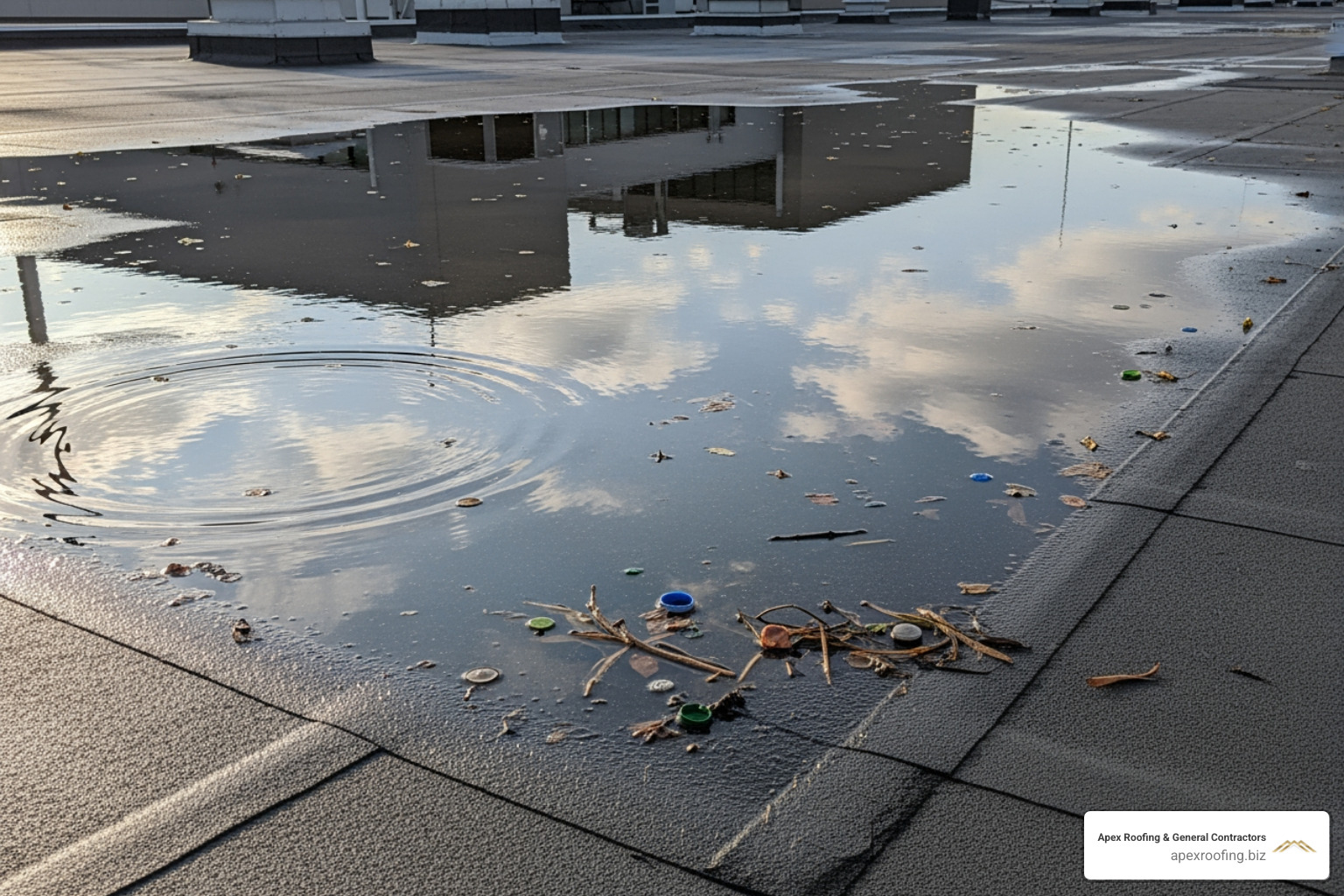 significant ponding water on a flat commercial roof - commercial roof repair significant ponding water on a flat commercial roof - commercial roof repair