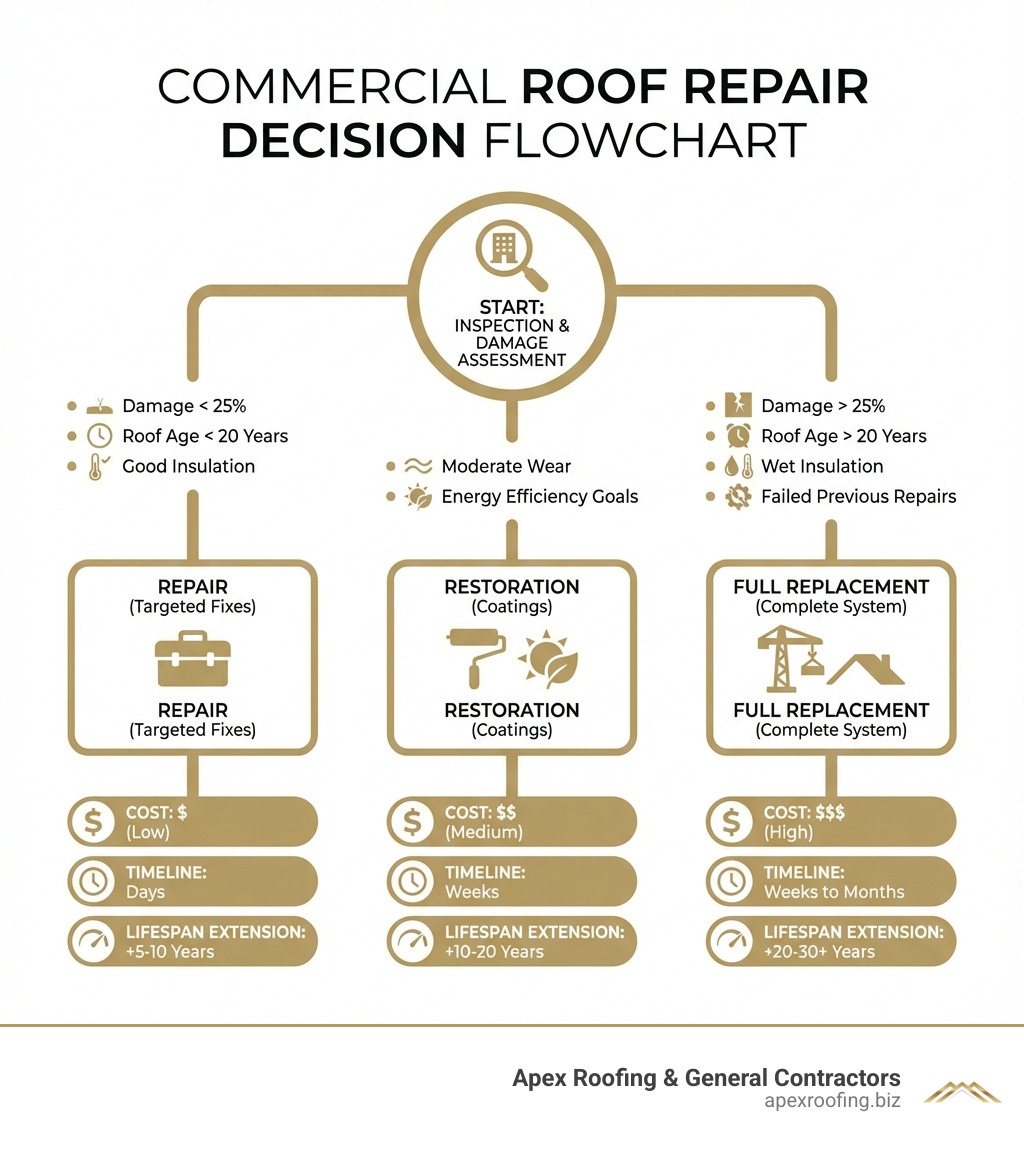 Infographic showing the complete commercial roof repair decision flowchart: starting with inspection and damage assessment, branching into repair (for damage under 25%, roof age under 20 years, and good insulation), restoration with coatings (for moderate wear and energy efficiency goals), or full replacement (for damage over 25%, roof age over 20 years, wet insulation, or failed previous repairs). Each path shows typical costs, timelines, and expected lifespan extension. - commercial roof repair infographic Infographic showing the complete commercial roof repair decision flowchart: starting with inspection and damage assessment, branching into repair (for damage under 25%, roof age under 20 years, and good insulation), restoration with coatings (for moderate wear and energy efficiency goals), or full replacement (for damage over 25%, roof age over 20 years, wet insulation, or failed previous repairs). Each path shows typical costs, timelines, and expected lifespan extension. - commercial roof repair infographic