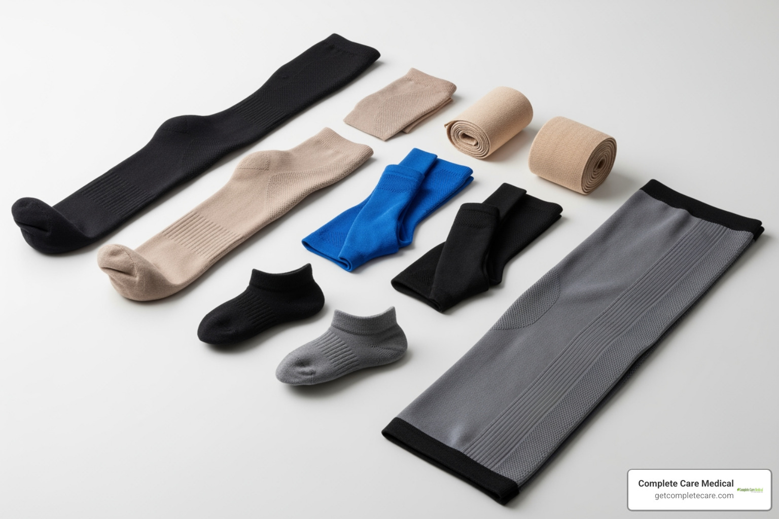 various compression products like socks, sleeves, and wraps arranged neatly - compression products