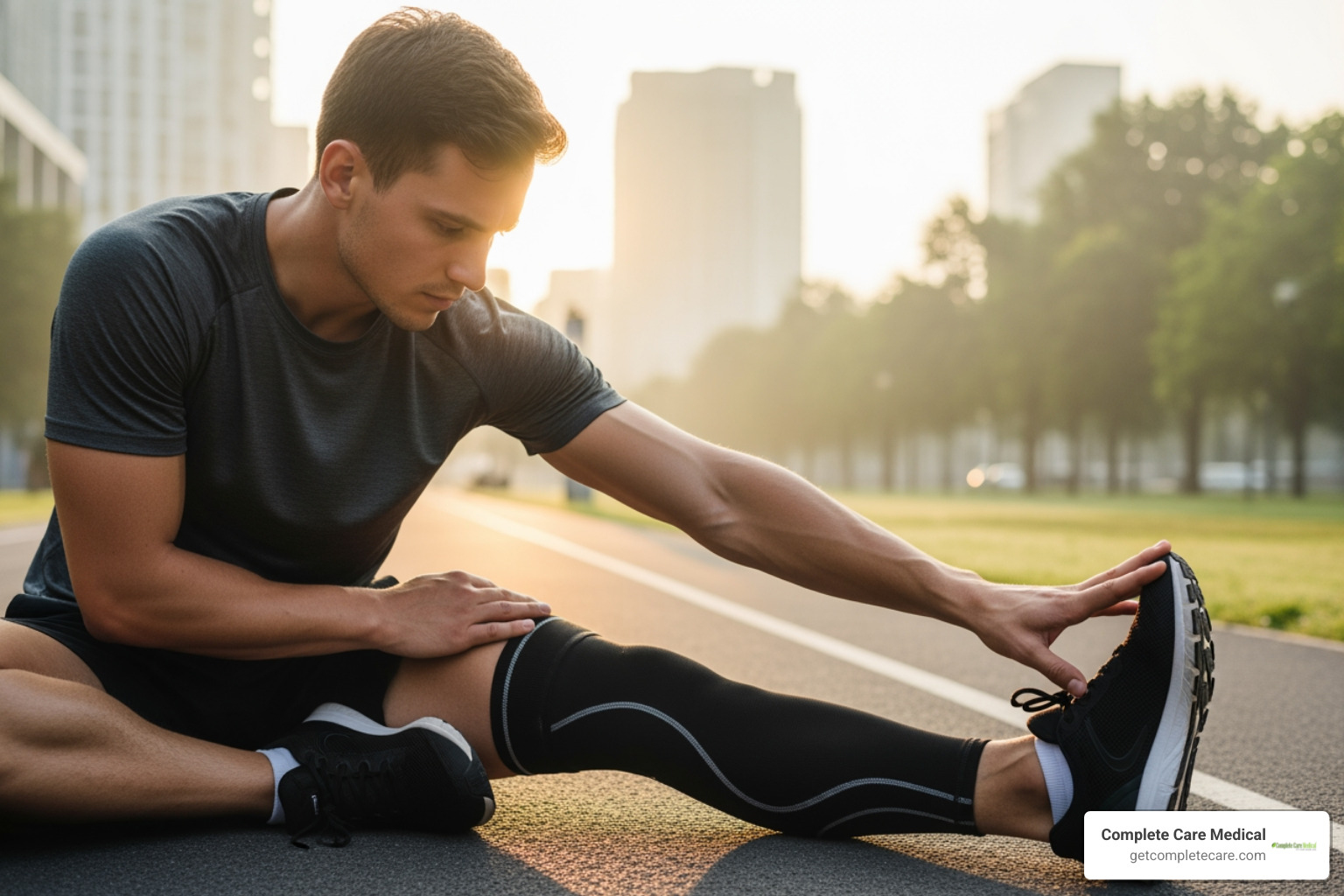An athlete stretching while wearing a compression sleeve - compression products