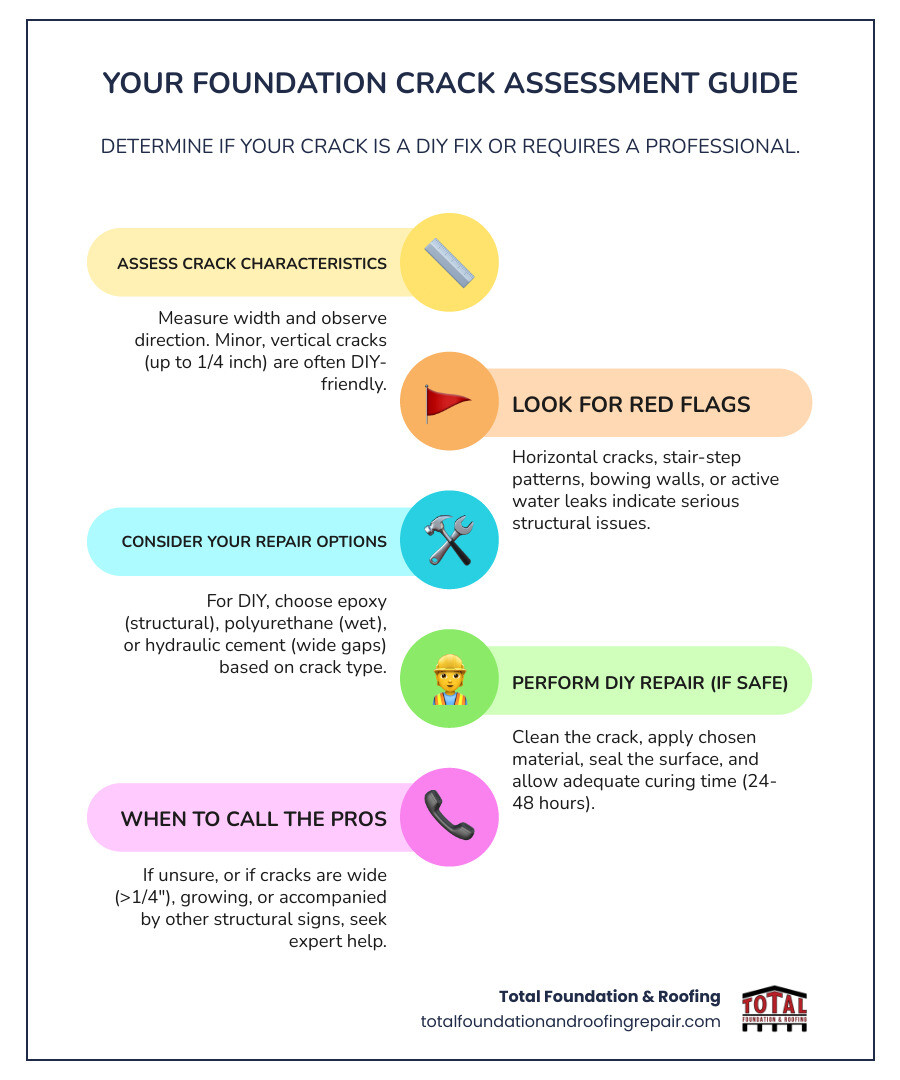 DIY foundation crack repair decision flowchart showing assessment steps, repair methods for minor cracks including epoxy injection and polyurethane foam application, prevention strategies, and clear indicators of when to call a professional - how to fix foundation cracks by yourself infographic infographic-line-5-steps-colors