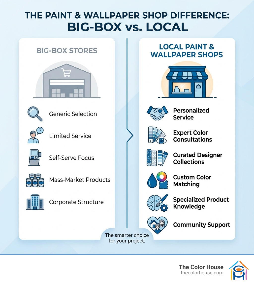 infographic comparing big-box stores versus local paint and wallpaper shops showing benefits like personalized service, expert color consultations, curated designer collections, custom color matching, specialized product knowledge, and community support - paint and wallpaper shops near me infographic infographic comparing big-box stores versus local paint and wallpaper shops showing benefits like personalized service, expert color consultations, curated designer collections, custom color matching, specialized product knowledge, and community support - paint and wallpaper shops near me infographic