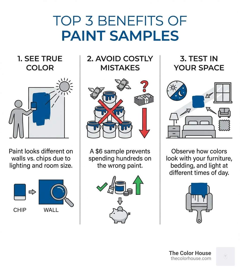 Infographic explaining the top 3 benefits of using paint samples before painting a room. 1. See True Color - Paint looks different on walls vs. chips due to lighting and room size, 2. Avoid Costly Mistakes - A $6 sample prevents spending hundreds on the wrong paint, 3. Test in Your Space - Observe how colors look with your furniture, bedding, and light at different times of day - bedroom paint samples infographic Infographic explaining the top 3 benefits of using paint samples before painting a room. 1. See True Color - Paint looks different on walls vs. chips due to lighting and room size, 2. Avoid Costly Mistakes - A $6 sample prevents spending hundreds on the wrong paint, 3. Test in Your Space - Observe how colors look with your furniture, bedding, and light at different times of day - bedroom paint samples infographic
