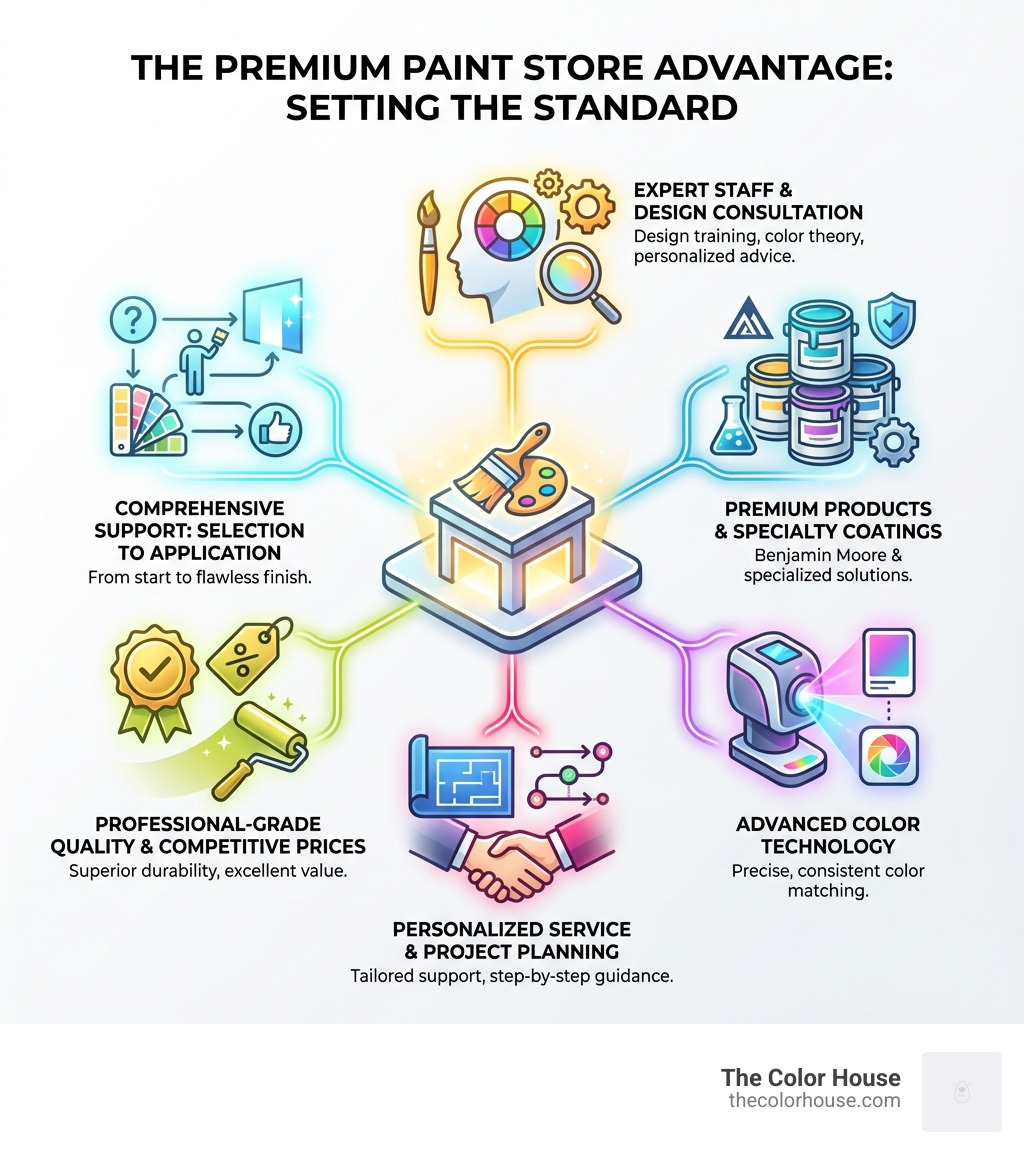 Infographic showing what sets a premium paint store apart: Expert Staff with design training and color consultation services, Premium Product Range including Benjamin Moore and specialty coatings, Advanced Color Technology for precise matching, Personalized Service with project planning support, Professional-Grade Quality at competitive prices, and Comprehensive Support from selection through application - big paint shop near me infographic 