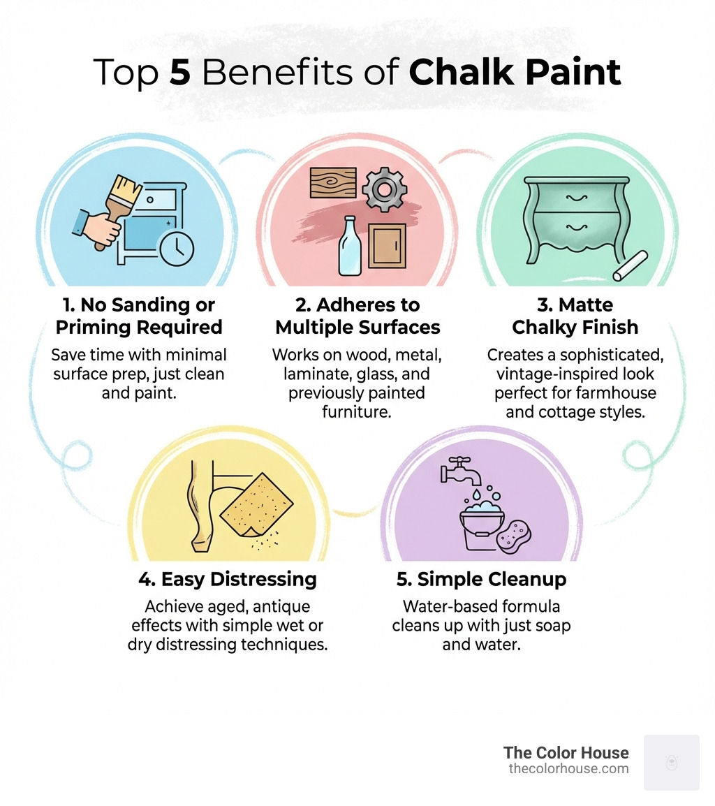 Infographic showing the top 5 benefits of chalk paint: 1. No Sanding or Priming Required - Save time with minimal surface prep, just clean and paint. 2. Adheres to Multiple Surfaces - Works on wood, metal, laminate, glass, and previously painted furniture. 3. Matte Chalky Finish - Creates a sophisticated, vintage-inspired look perfect for farmhouse and cottage styles. 4. Easy Distressing - Achieve aged, antique effects with simple wet or dry distressing techniques. 5. Simple Cleanup - Water-based formula cleans up with just soap and water. - chalk paint suppliers near me infographic 