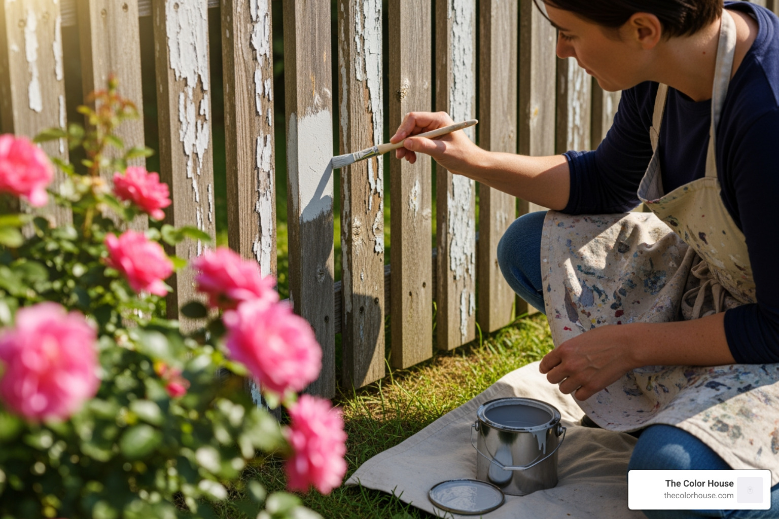 a person painting a test patch on a garden fence - garden paint tester pots