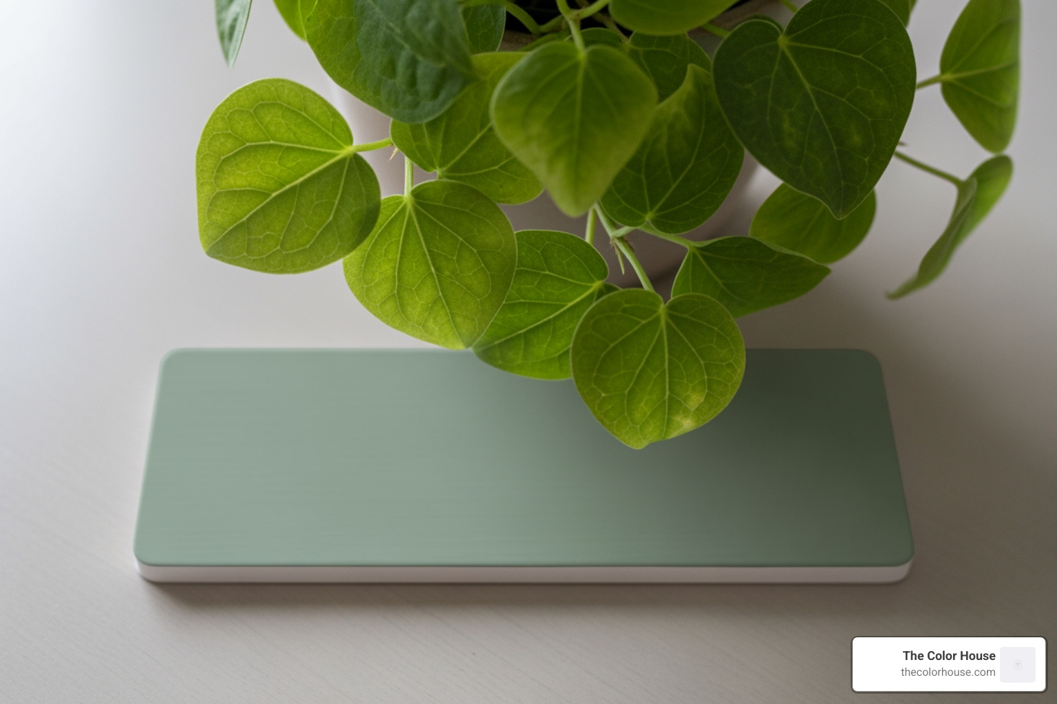 sage green paint swatch next to a leafy plant - sage paint samples