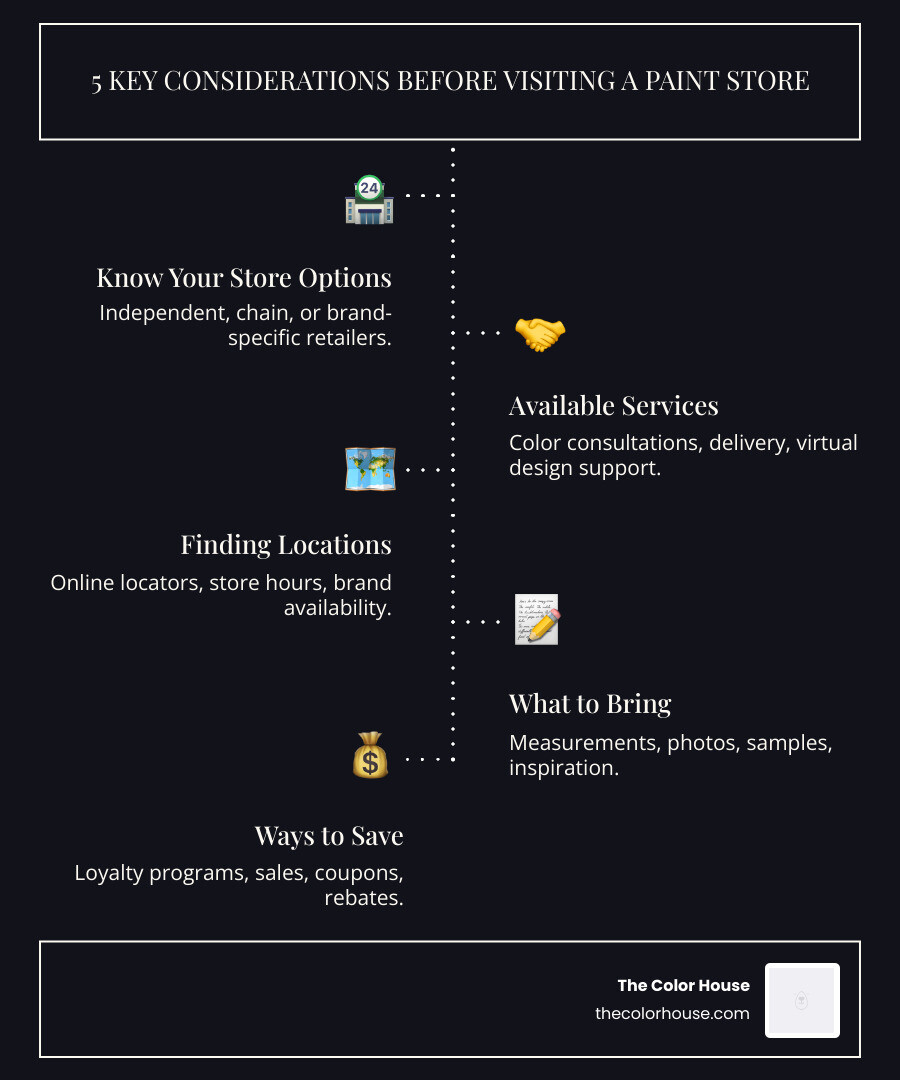 Infographic showing 5 key considerations when visiting a paint store: 1. Know Your Store Options (independent vs. chain vs. brand-specific), 2. Available Services (color consultations, delivery, virtual design support), 3. Finding Locations (online locators, store hours, brand availability), 4. What to Bring (measurements, photos, samples), 5. Ways to Save (loyalty programs, sales, coupons) - paint store near me infographic infographic-line-5-steps-dark Infographic showing 5 key considerations when visiting a paint store: 1. Know Your Store Options (independent vs. chain vs. brand-specific), 2. Available Services (color consultations, delivery, virtual design support), 3. Finding Locations (online locators, store hours, brand availability), 4. What to Bring (measurements, photos, samples), 5. Ways to Save (loyalty programs, sales, coupons) - paint store near me infographic infographic-line-5-steps-dark