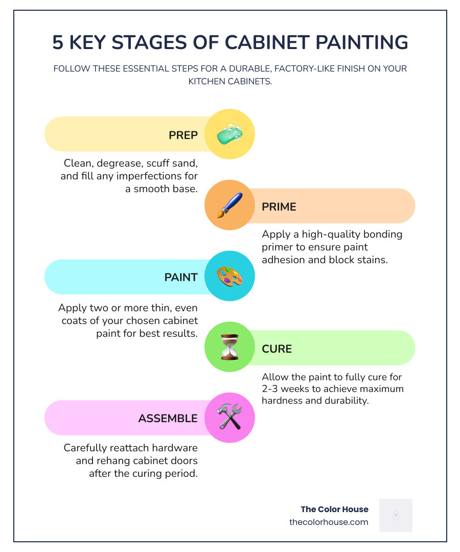 Infographic showing 5 key stages of cabinet painting: Stage 1 Prep - Clean, sand, and fill; Stage 2 Prime - Apply bonding primer; Stage 3 Paint - Two thin coats; Stage 4 Cure - Wait 2-3 weeks; Stage 5 Assemble - Reinstall hardware and doors - kitchen cabinet paint infographic infographic-line-5-steps-colors