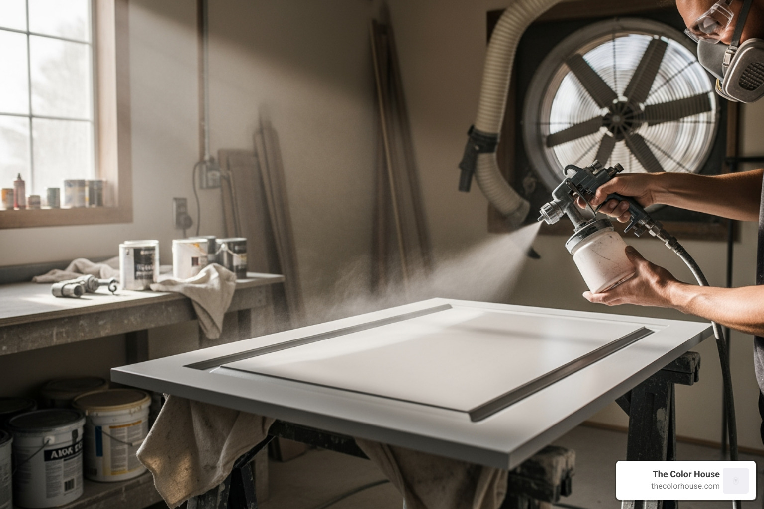 A paint sprayer being used on a cabinet door in a well-ventilated space - kitchen cabinet paint