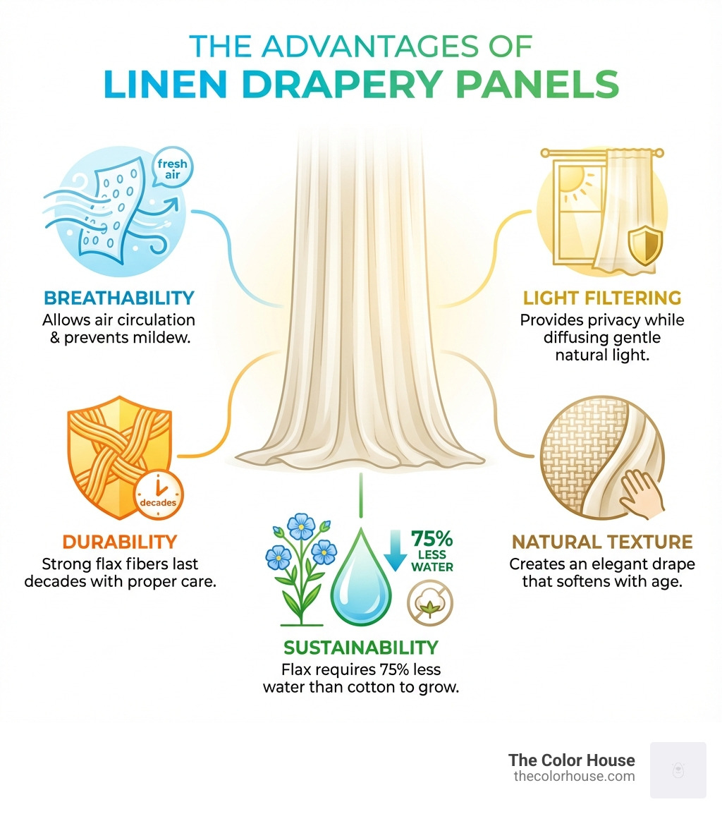Infographic showing the advantages of linen drapery panels: Breathability allows air circulation and prevents mildew; Durability from strong flax fibers means panels last decades with proper care; Sustainability as flax requires 75% less water than cotton to grow; Natural Texture creates an elegant drape that softens with age; Light Filtering provides privacy while allowing natural light to gently diffuse through the room - linen drapery panels infographic 