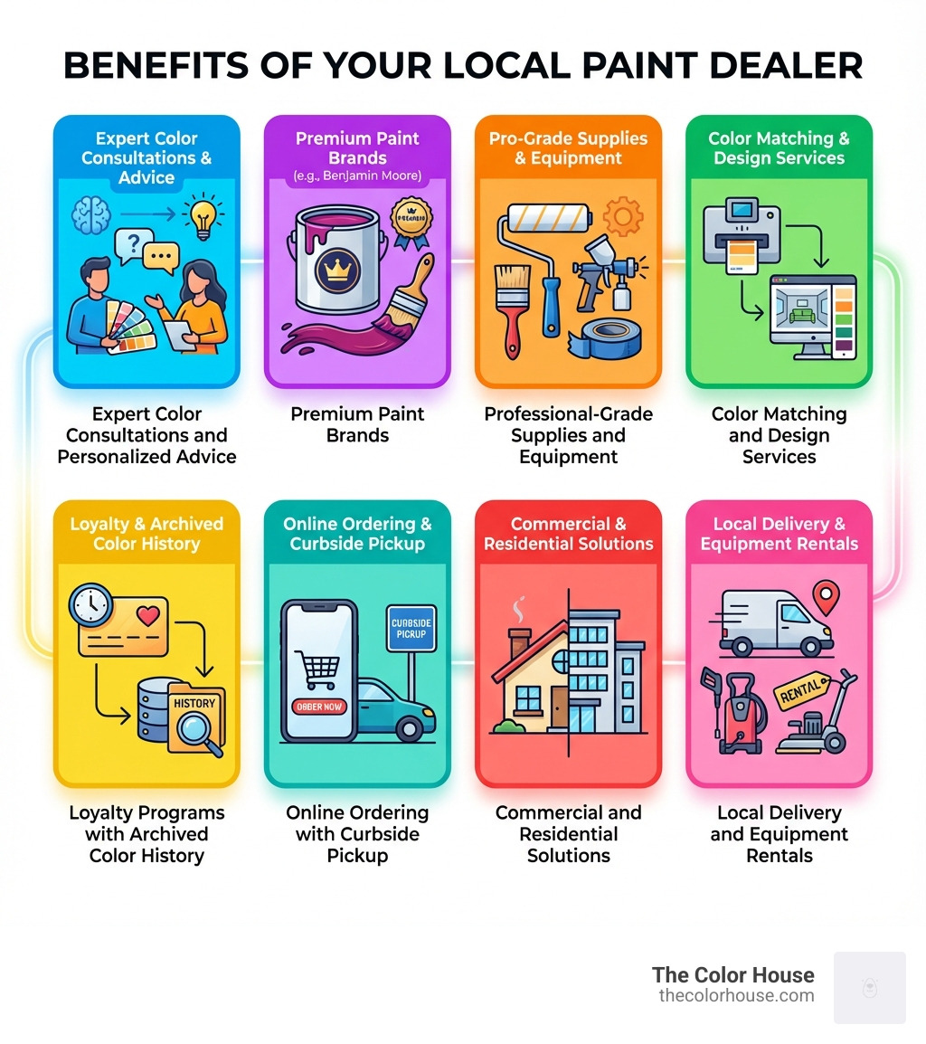 Infographic showing benefits of local paint dealers: Expert Color Consultations and Personalized Advice, Premium Paint Brands like Benjamin Moore, Professional-Grade Supplies and Equipment, Color Matching and Design Services, Loyalty Programs with Archived Color History, Online Ordering with Curbside Pickup, Commercial and Residential Solutions, Local Delivery and Equipment Rentals - paint dealers near me infographic Infographic showing benefits of local paint dealers: Expert Color Consultations and Personalized Advice, Premium Paint Brands like Benjamin Moore, Professional-Grade Supplies and Equipment, Color Matching and Design Services, Loyalty Programs with Archived Color History, Online Ordering with Curbside Pickup, Commercial and Residential Solutions, Local Delivery and Equipment Rentals - paint dealers near me infographic