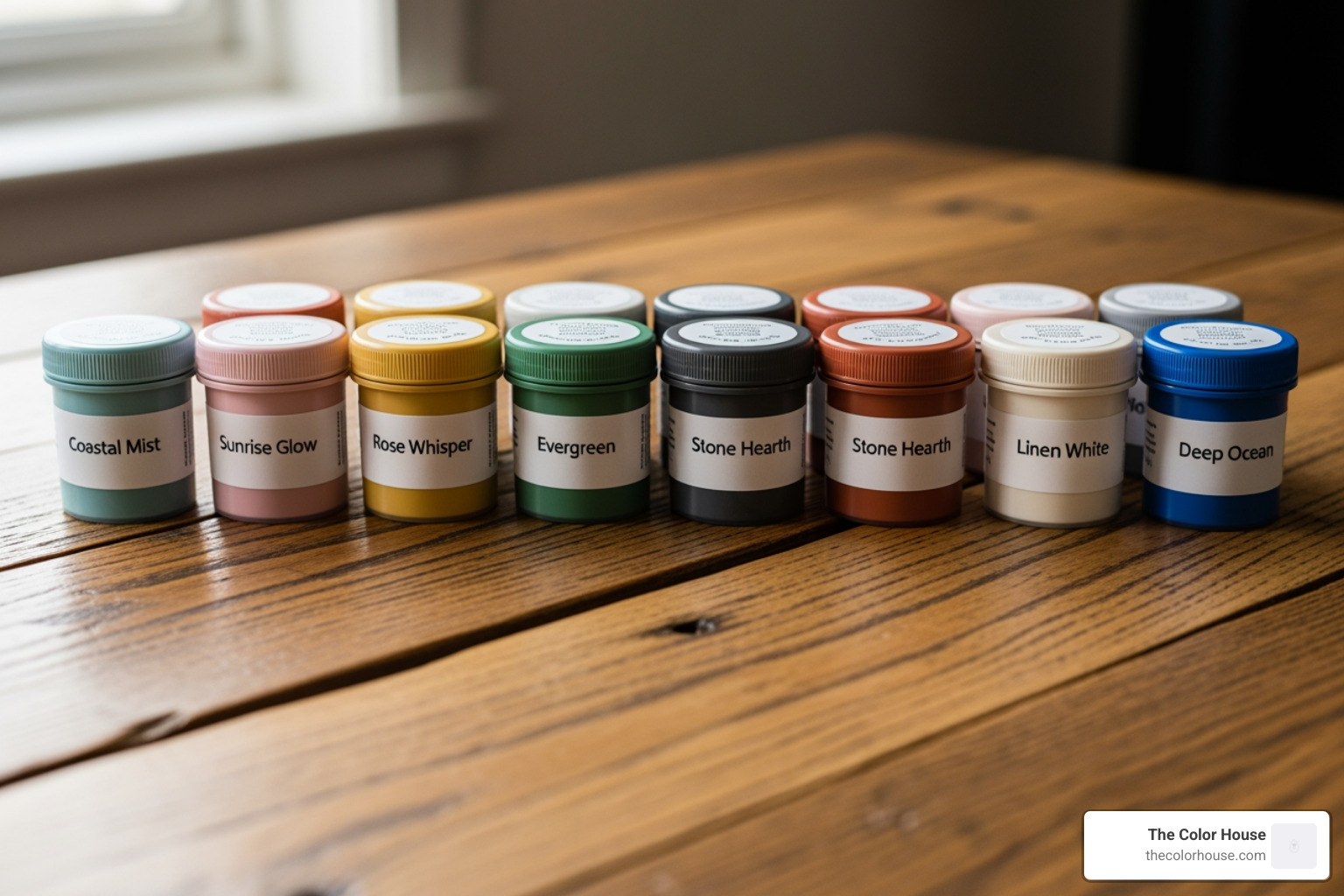 various tester pots lined up on a rustic wooden table - garden paint tester pots