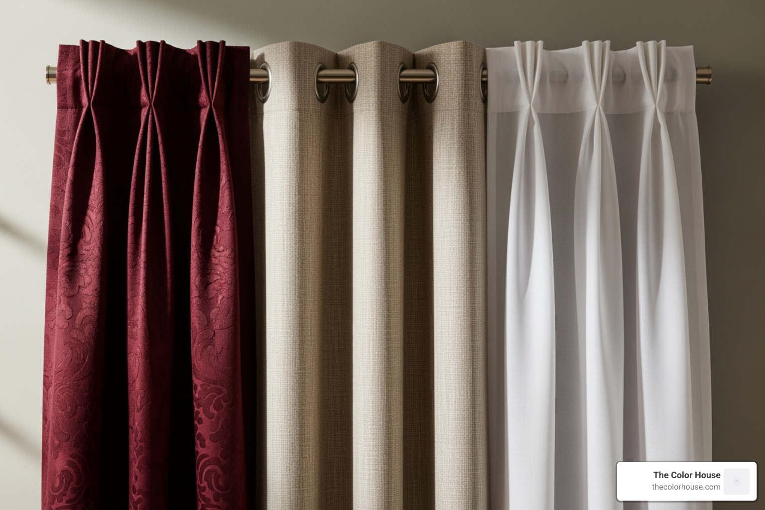Various drapery pleat styles including pinch pleat, grommet, and rod pocket - drapery shop near me