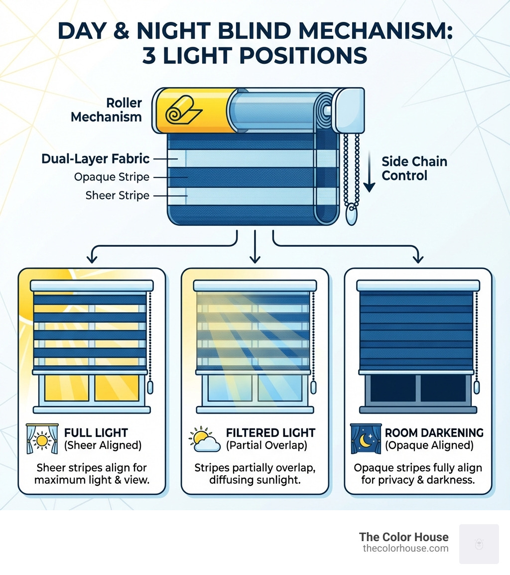 Infographic showing the mechanism of day and night blinds with labeled parts: dual-layer fabric with alternating sheer and opaque horizontal stripes, roller mechanism, side chain control, and three positions demonstrating full light (sheer stripes aligned), filtered light (stripes partially overlapping), and room darkening (opaque stripes fully aligned) - day night blinds infographic Infographic showing the mechanism of day and night blinds with labeled parts: dual-layer fabric with alternating sheer and opaque horizontal stripes, roller mechanism, side chain control, and three positions demonstrating full light (sheer stripes aligned), filtered light (stripes partially overlapping), and room darkening (opaque stripes fully aligned) - day night blinds infographic