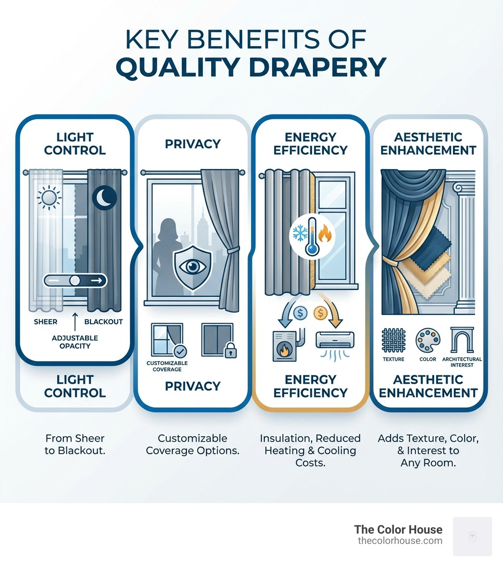 Infographic showing the four key benefits of quality drapery: Light Control with adjustable opacity levels from sheer to blackout, Privacy with customizable coverage options, Energy Efficiency through insulation and reduced heating and cooling costs, and Aesthetic Enhancement by adding texture, color, and architectural interest to any room - drapery shop near me infographic 
