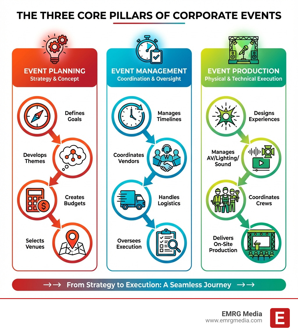 Infographic showing three columns: Event Planning (Strategy & Concept - defines goals, develops themes, creates budgets, selects venues), Event Management (Coordination & Oversight - manages timelines, coordinates vendors, handles logistics, oversees execution), and Event Production (Physical & Technical Execution - designs experiences, manages AV/lighting/sound, coordinates crews, delivers on-site production) - corporate event production infographic 