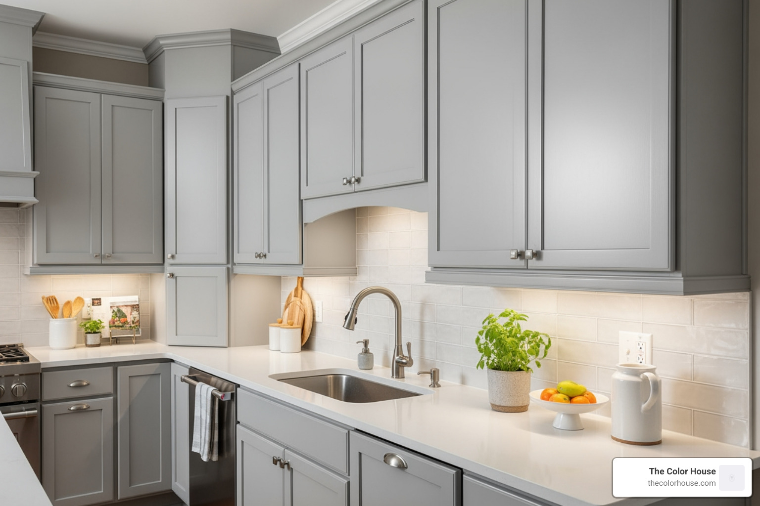 Cabinet painting supplies laid out: degreaser, sandpaper, wood filler, primer, painter's tape - kitchen cabinet paint