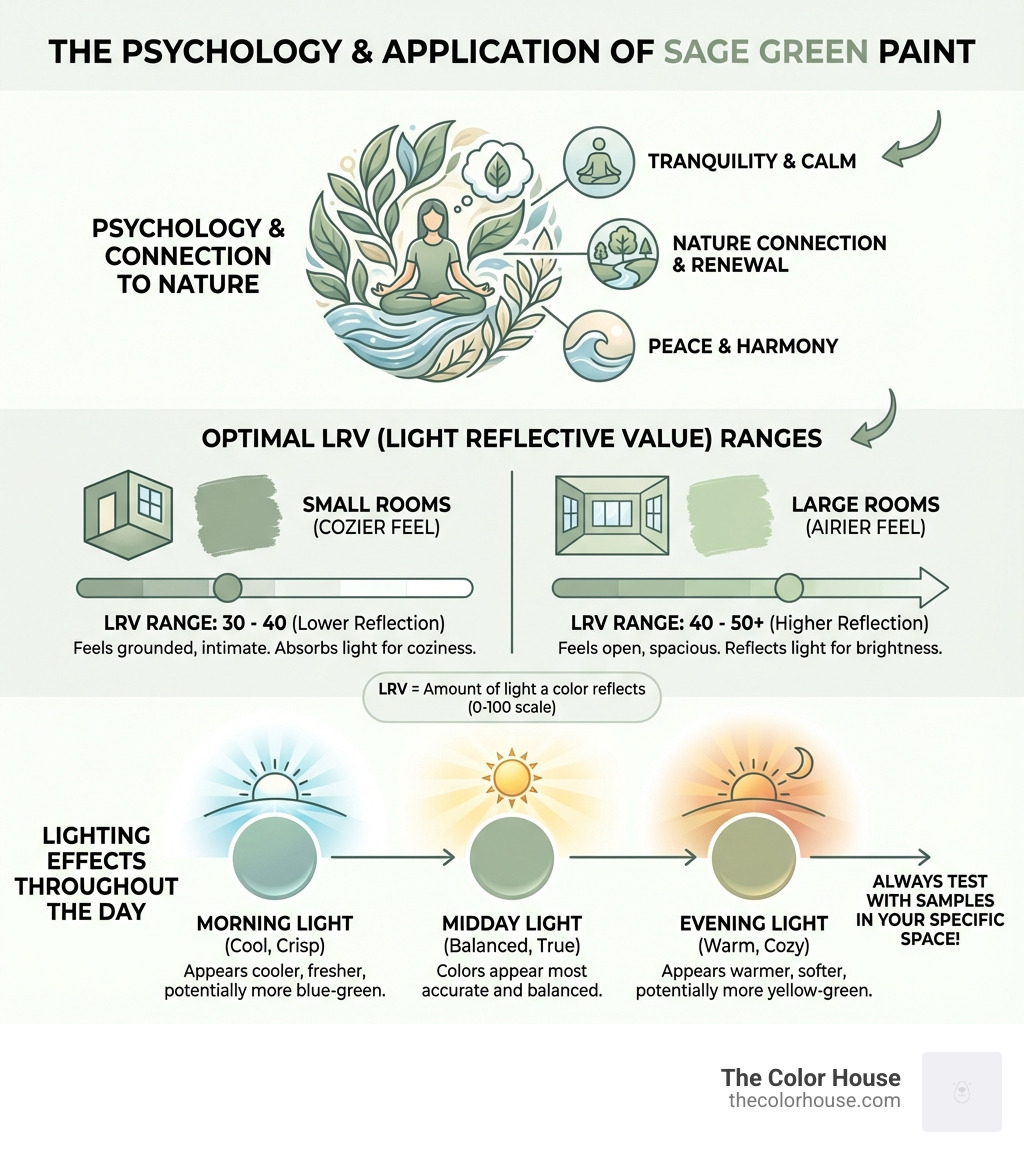 Infographic showing the psychology of sage green paint, including its connection to nature and tranquility, optimal LRV ranges for different room sizes, and how lighting affects its appearance throughout the day - sage green paint samples infographic 
