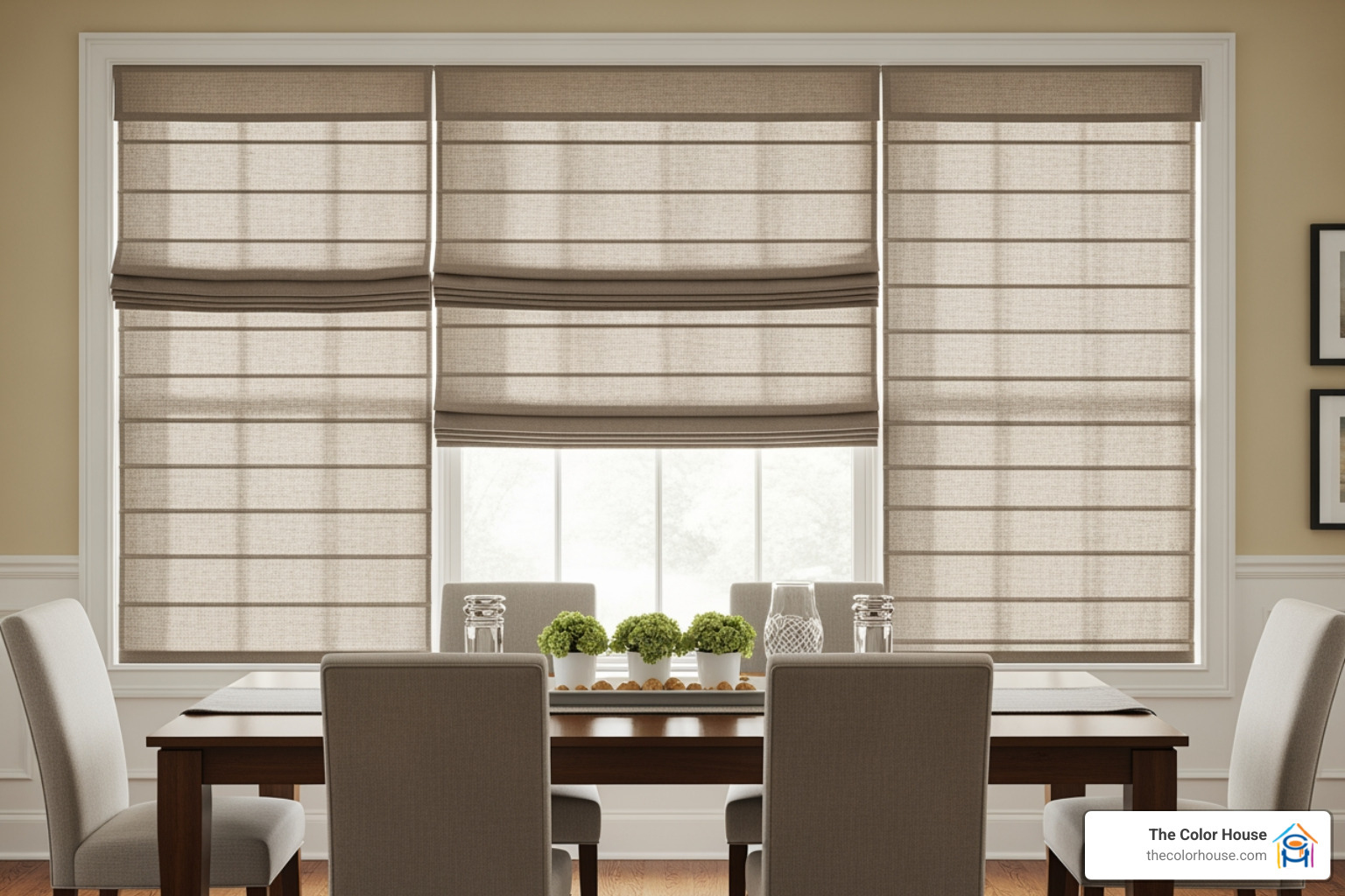 neat Roman shades in a dining room - blinds & shades