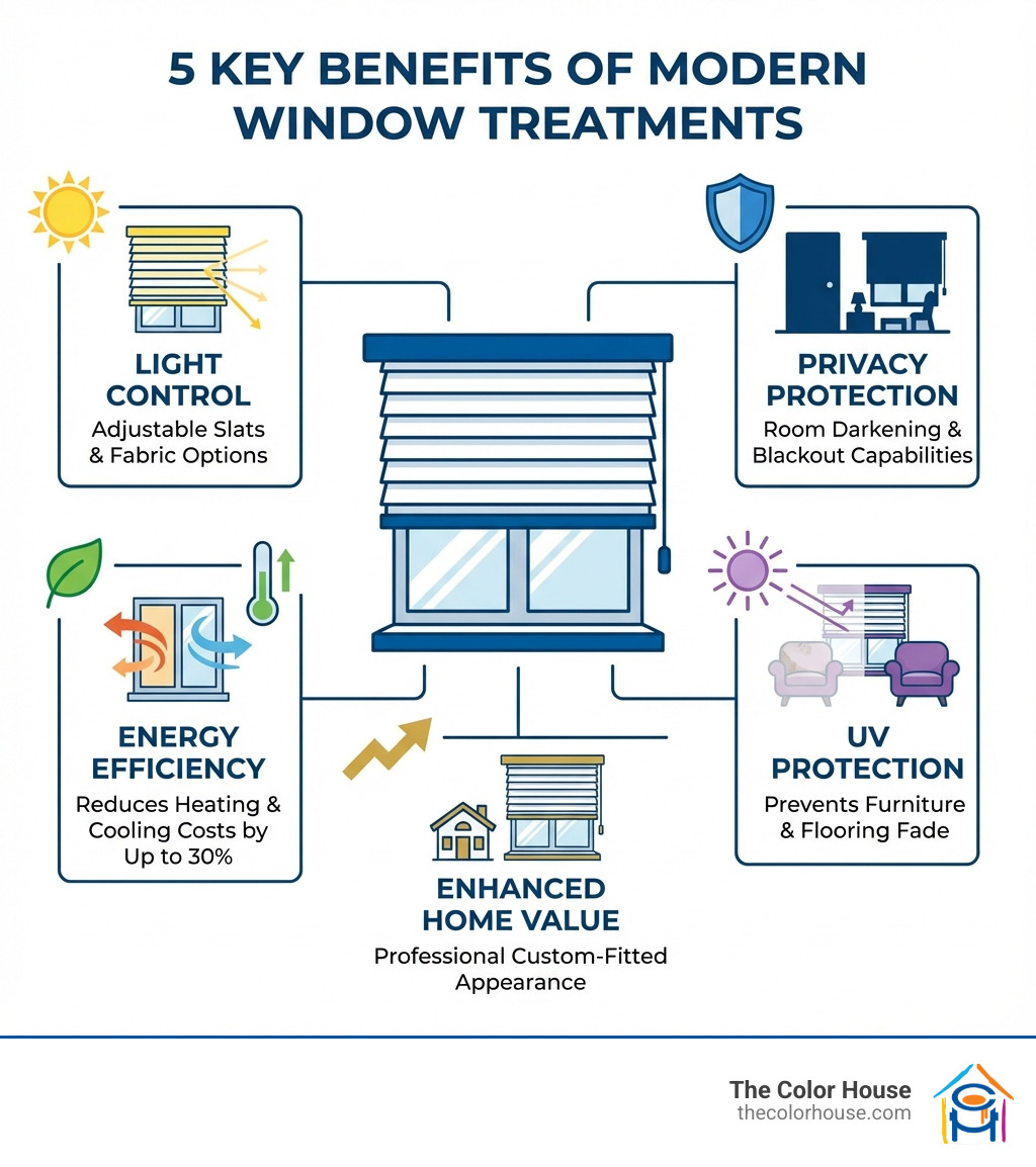 Infographic showing the 5 key benefits of modern window treatments: Light Control with adjustable slats and fabric options, Privacy Protection with room darkening and blackout capabilities, Energy Efficiency reducing heating and cooling costs by up to 30%, UV Protection preventing furniture and flooring fade, and Enhanced Home Value with professional custom-fitted appearance - blinds & shades infographic 