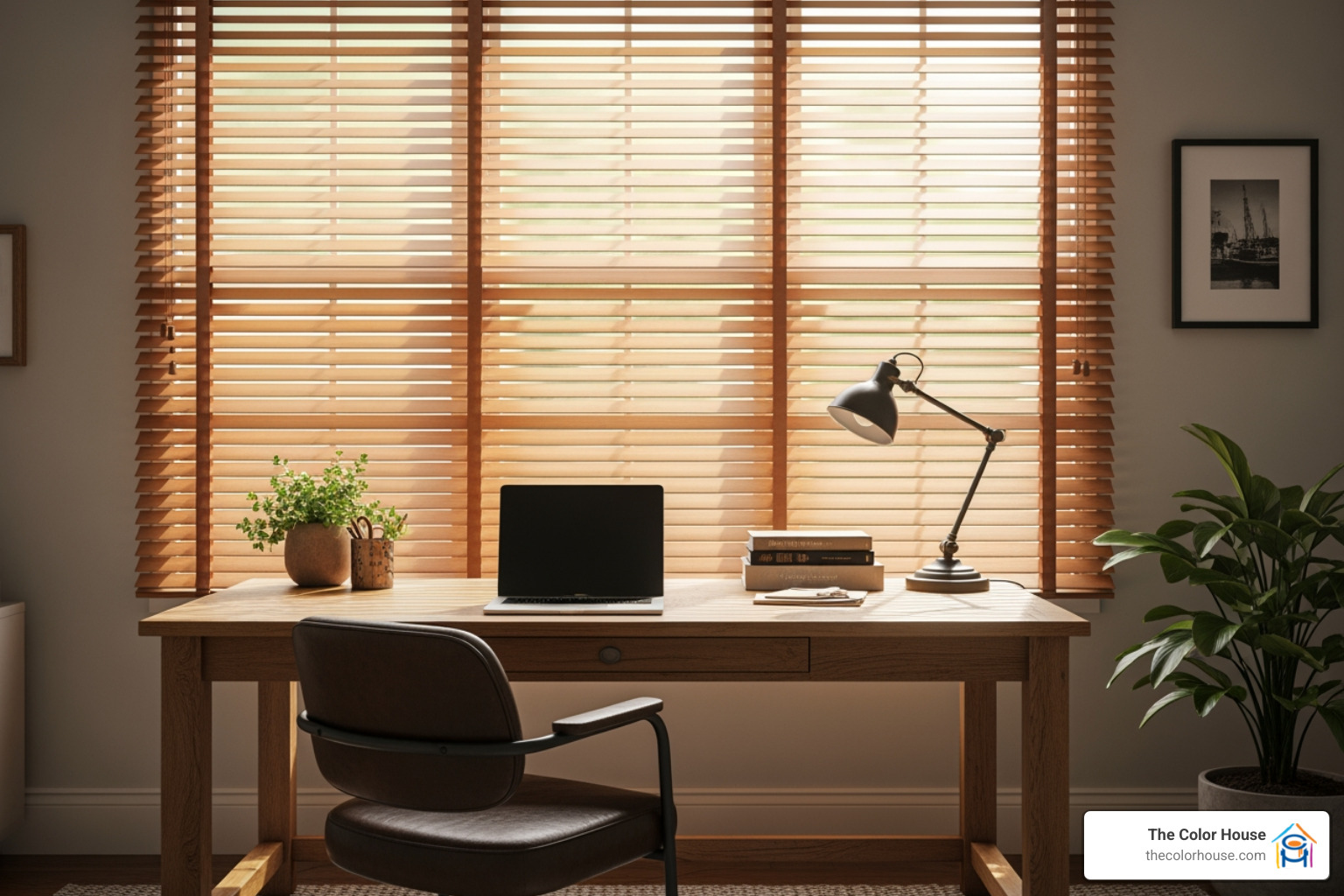 classic wood blinds in a home office - blinds & shades