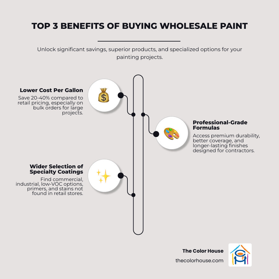 Infographic showing the top 3 benefits of buying wholesale paint: 1) Lower Cost Per Gallon - Save 20-40% compared to retail pricing especially on bulk orders, 2) Access to Professional-Grade Formulas - Premium durability, better coverage, and longer-lasting finishes designed for contractors, 3) Wider Selection of Specialty Coatings - Commercial coatings, industrial formulas, low-VOC options, primers, and specialty stains not found in retail stores - wholesale paint shop near me infographic infographic-line-3-steps-elegant_beige