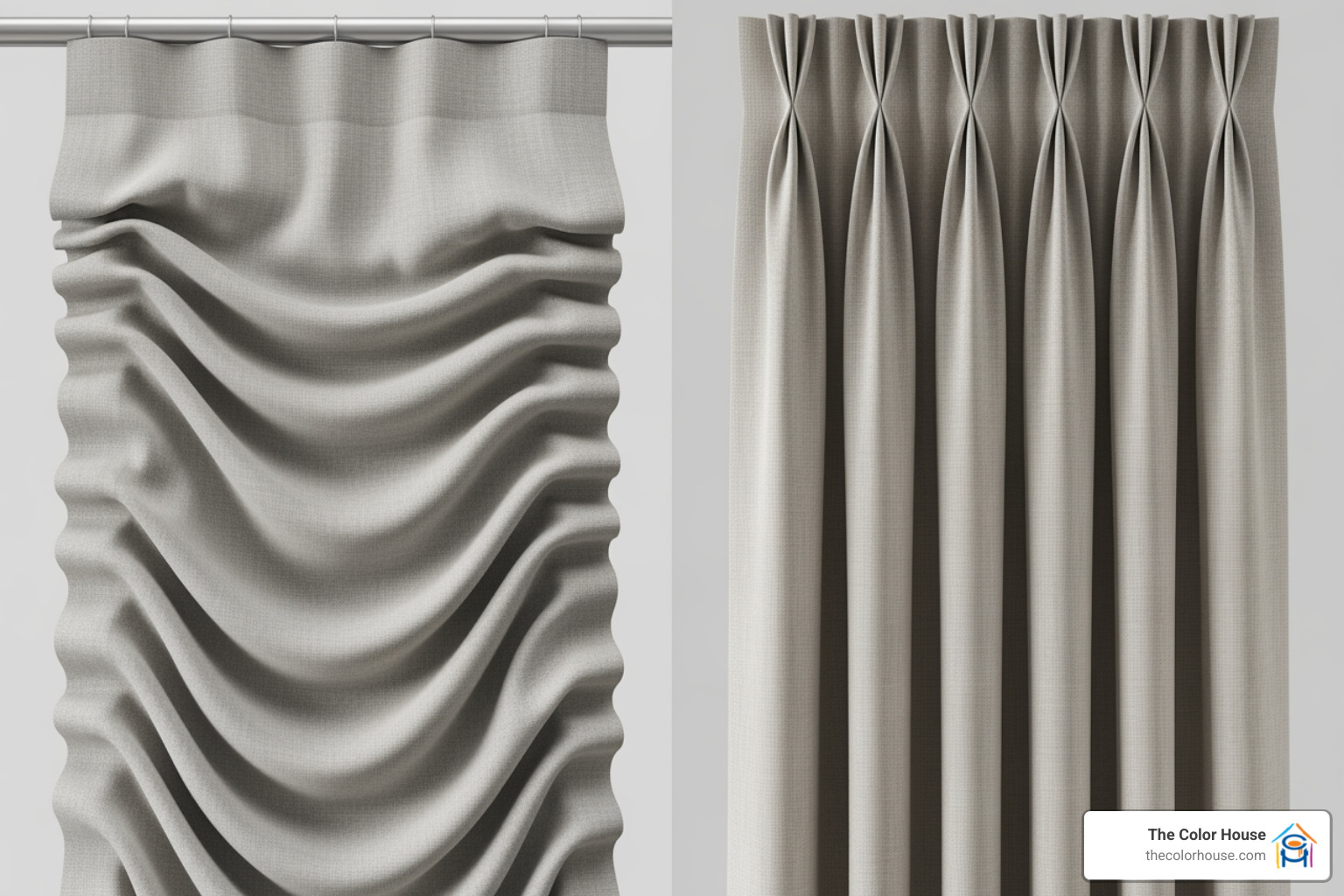 A visual comparison of a ripplefold drape's S-curve next to a classic pinch pleat drape's structured folds. - pinch pleat drapery A visual comparison of a ripplefold drape's S-curve next to a classic pinch pleat drape's structured folds. - pinch pleat drapery