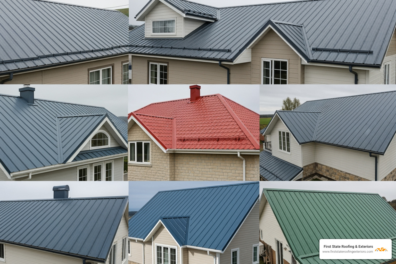 collage showcasing different metal roof styles and colors on various homes - metal roofing Dover DE