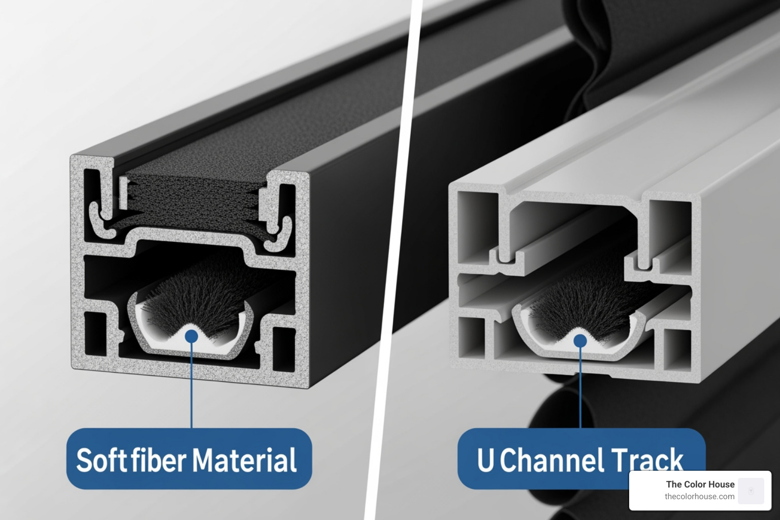 Close-up comparison of L-tracks and U-channel tracks, highlighting material and brush seals - blackout shades with side tracks
