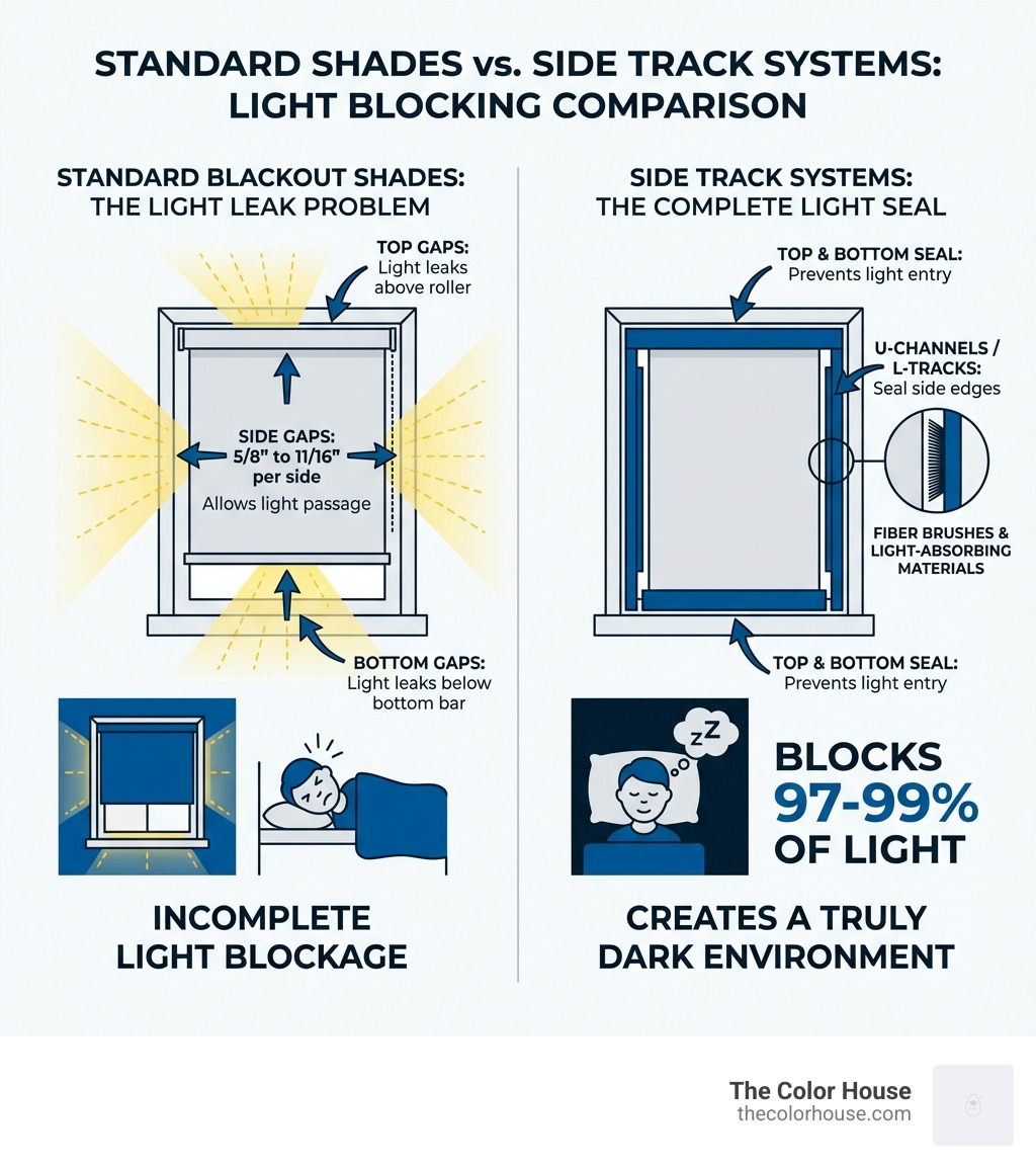 Infographic showing how light leaks occur around standard blackout shades through side gaps (5/8 to 11/16 inches per side), top gaps, and bottom gaps, compared to side track systems that seal these openings with U-channels, L-tracks, fiber brushes, and light-absorbing materials to block 97-99% of light - blackout shades with side tracks infographic 