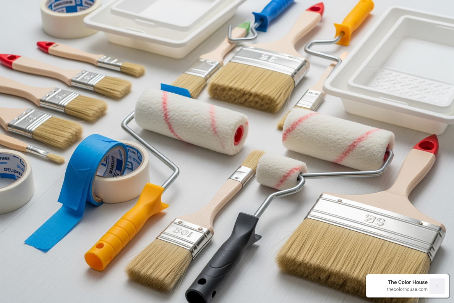 Various paint brushes, rollers, and tape neatly arranged, showcasing essential painting supplies - wholesale paint shop near me