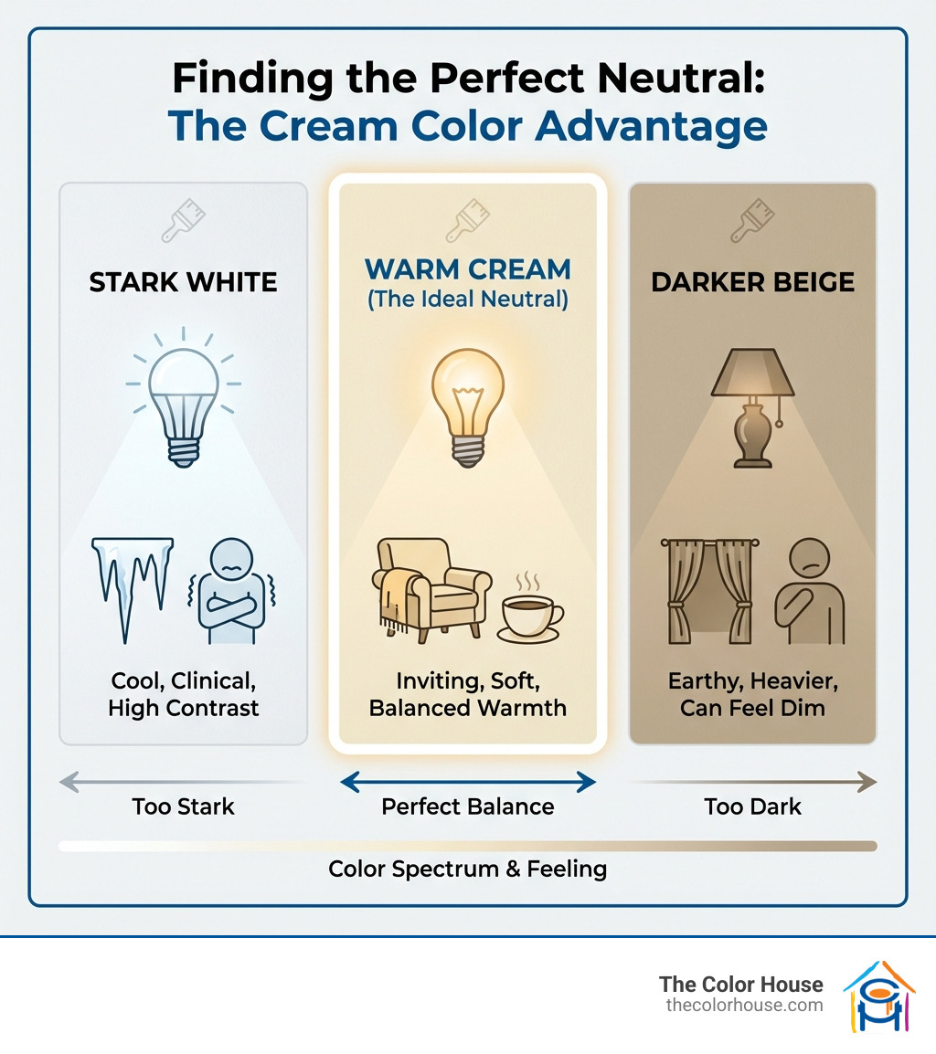 infographic comparing stark white wall, warm cream wall, and darker beige wall side-by-side - cream color paint samples infographic infographic comparing stark white wall, warm cream wall, and darker beige wall side-by-side - cream color paint samples infographic