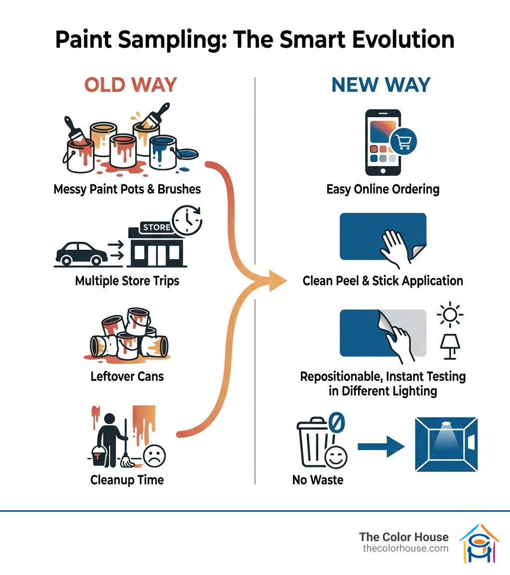 Infographic comparing Old Way vs New Way of paint sampling: Old Way shows messy paint pots, brushes, multiple store trips, leftover cans, and cleanup time; New Way shows easy online ordering, clean peel and stick application, repositionable samples, no waste, and instant testing in different lighting - where can i get peel and stick paint samples infographic Infographic comparing Old Way vs New Way of paint sampling: Old Way shows messy paint pots, brushes, multiple store trips, leftover cans, and cleanup time; New Way shows easy online ordering, clean peel and stick application, repositionable samples, no waste, and instant testing in different lighting - where can i get peel and stick paint samples infographic